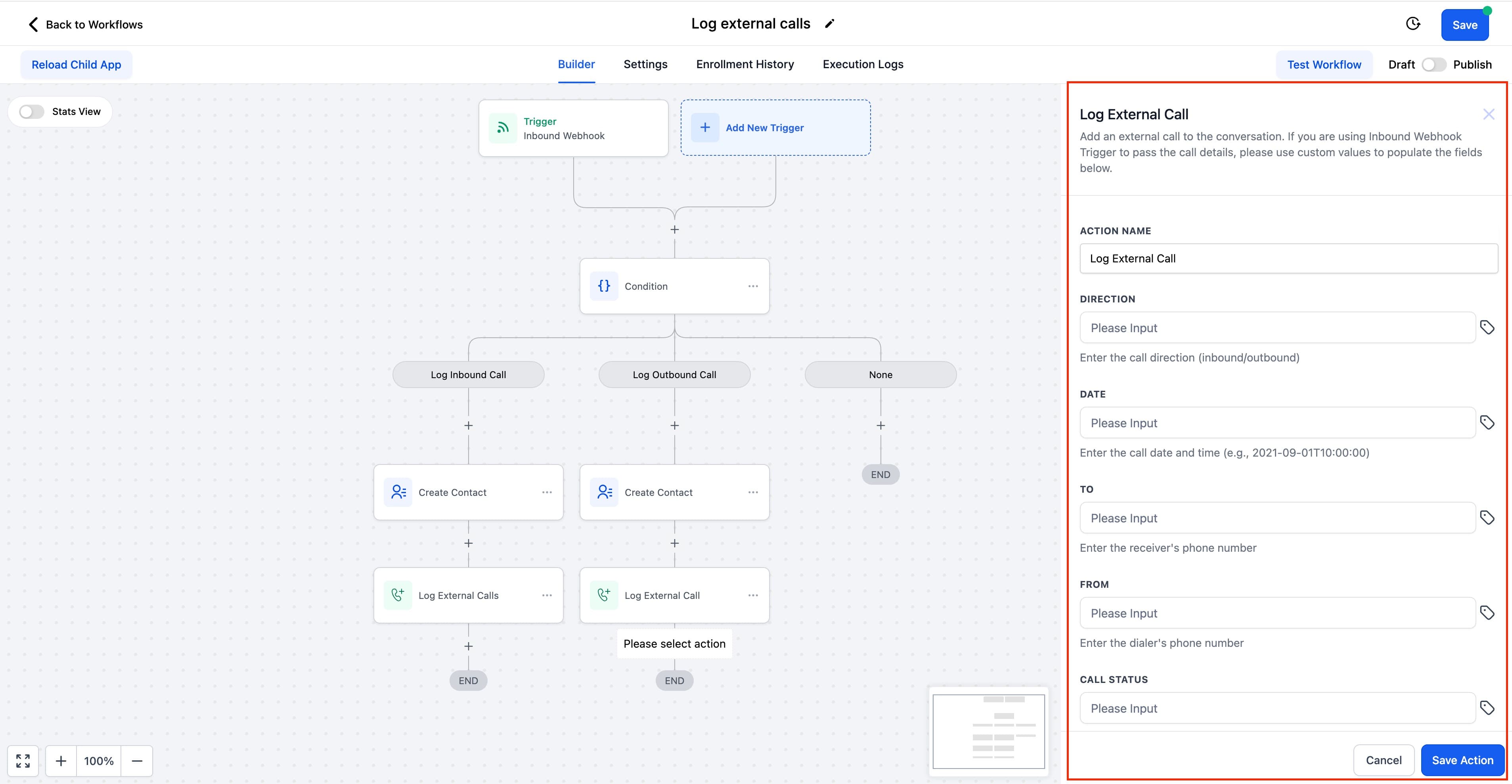 Schermata 4 — Azioni Workflow - Registra Chiamata Esterna