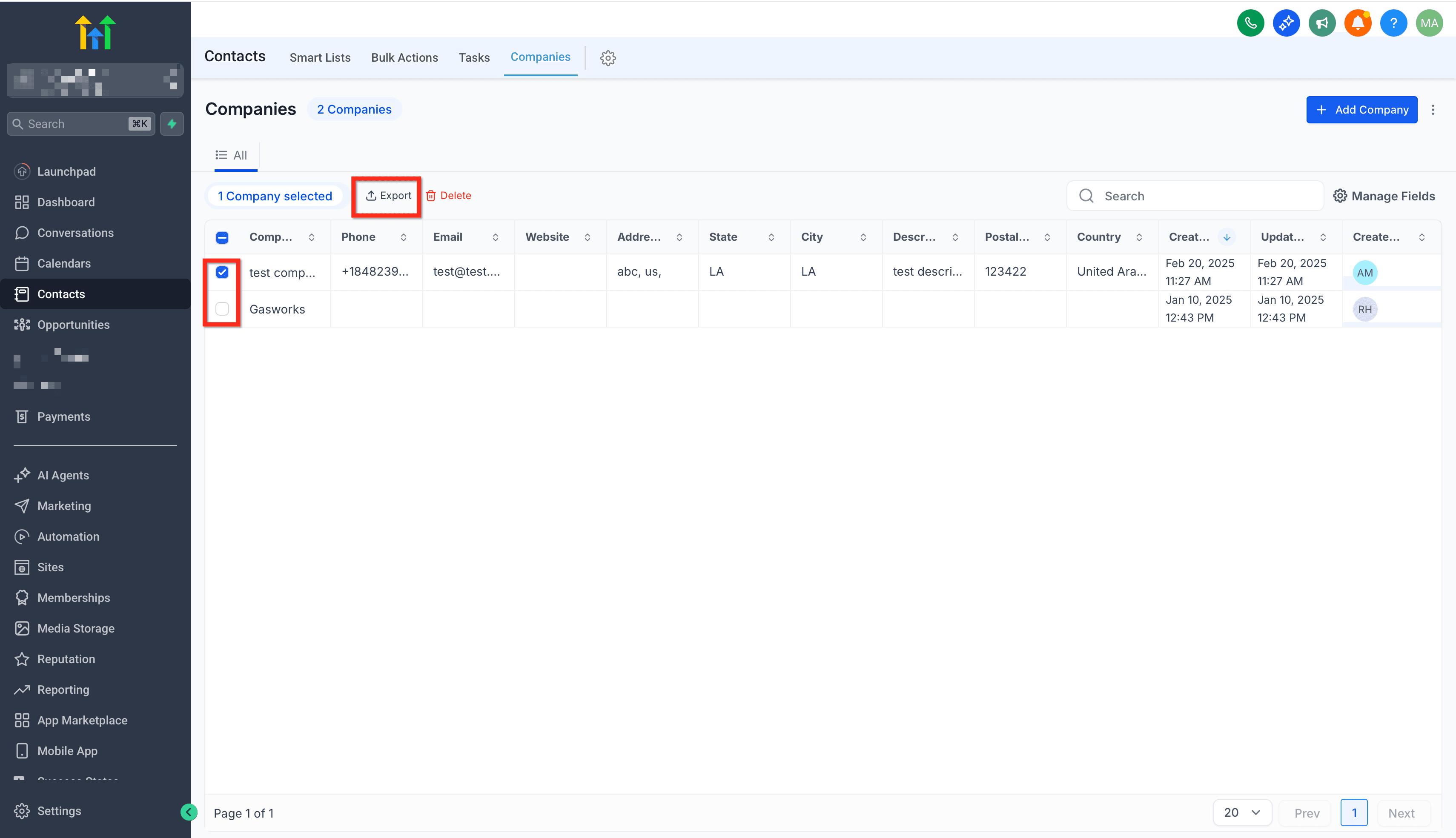 Schermata 3 — Esporta Aziende (Download CSV)