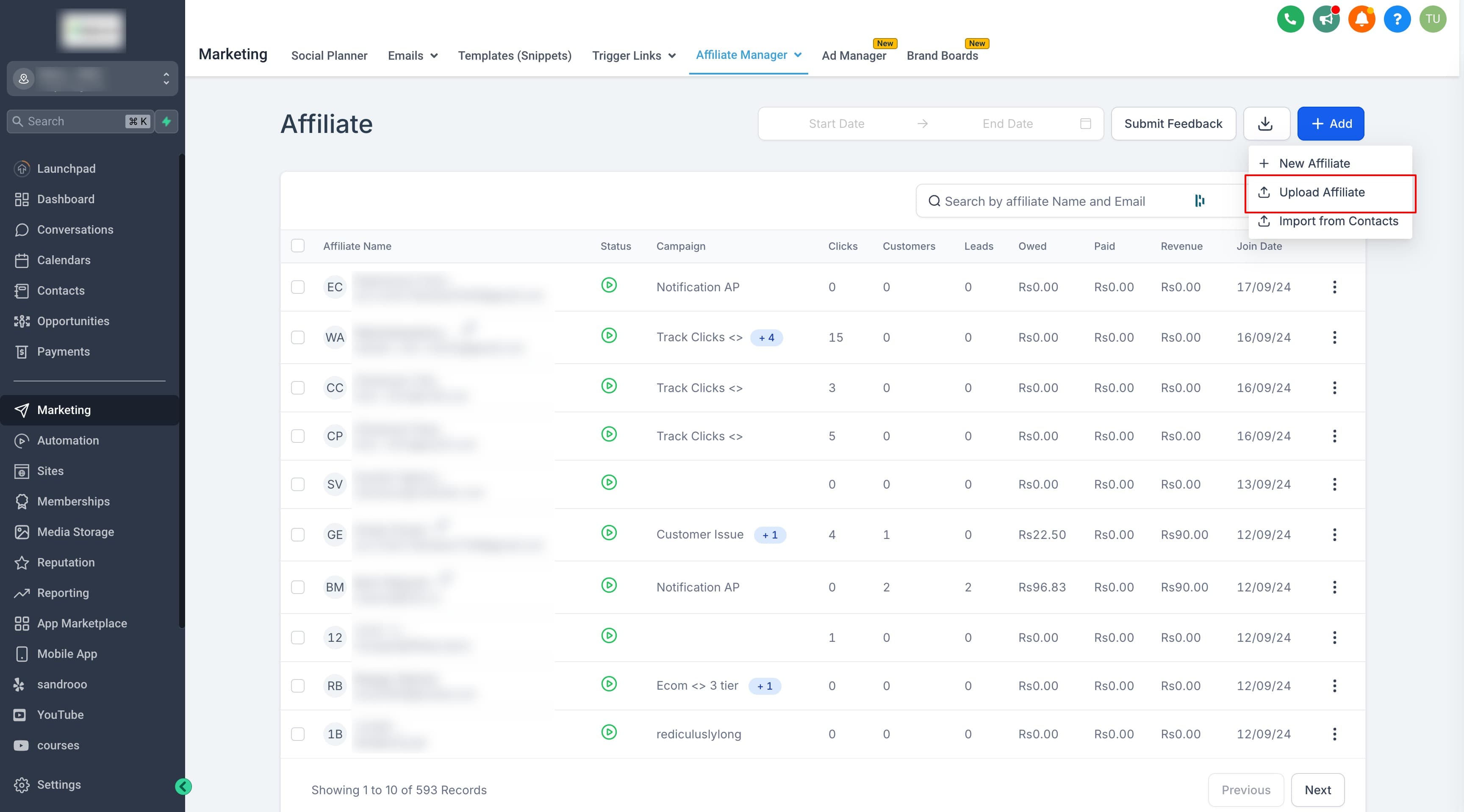 Schermata 6 — Come aggiungere affiliati nell'Affiliate Manager