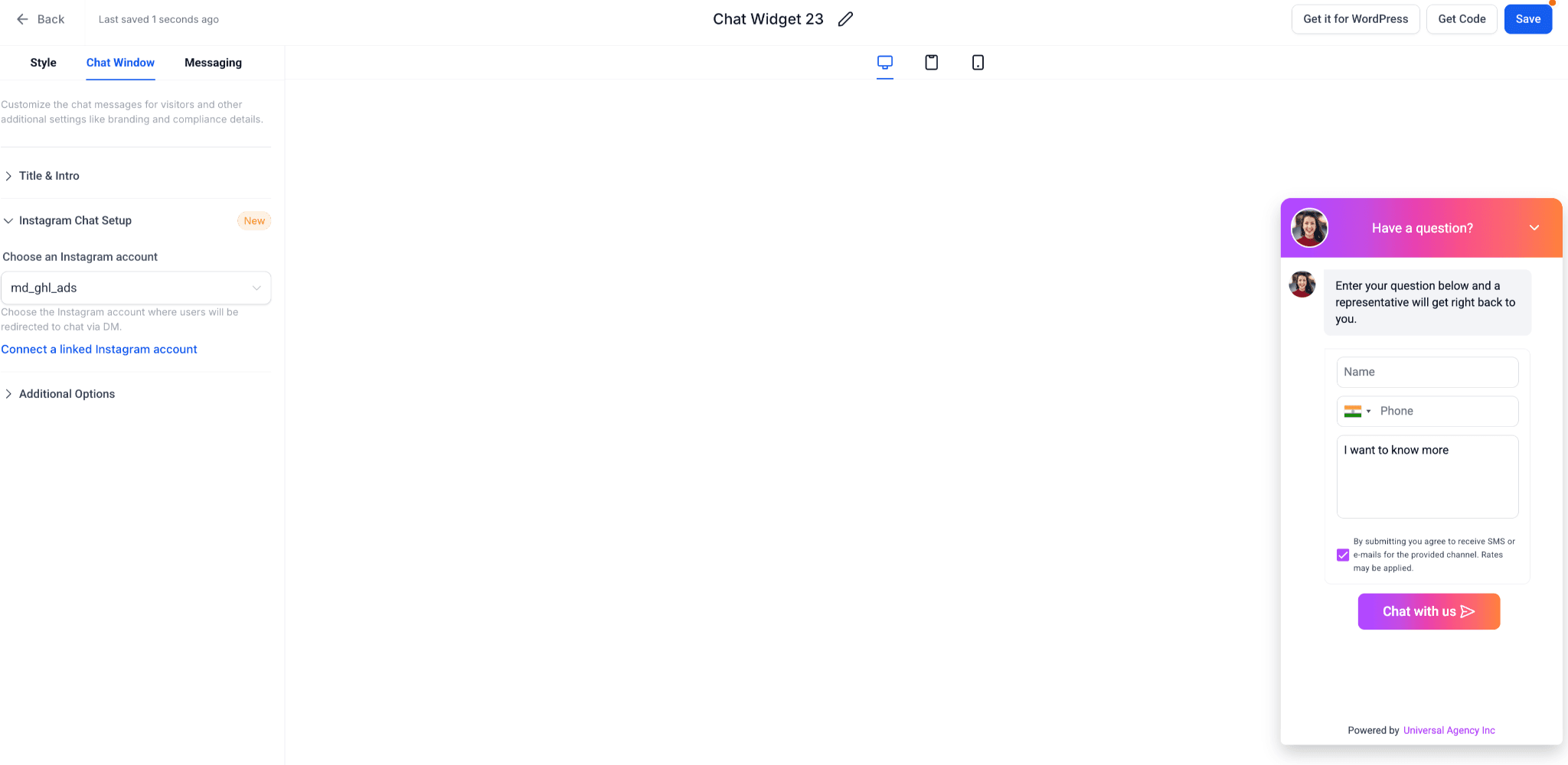 Schermata 4 — Chat Widget Facebook e Instagram