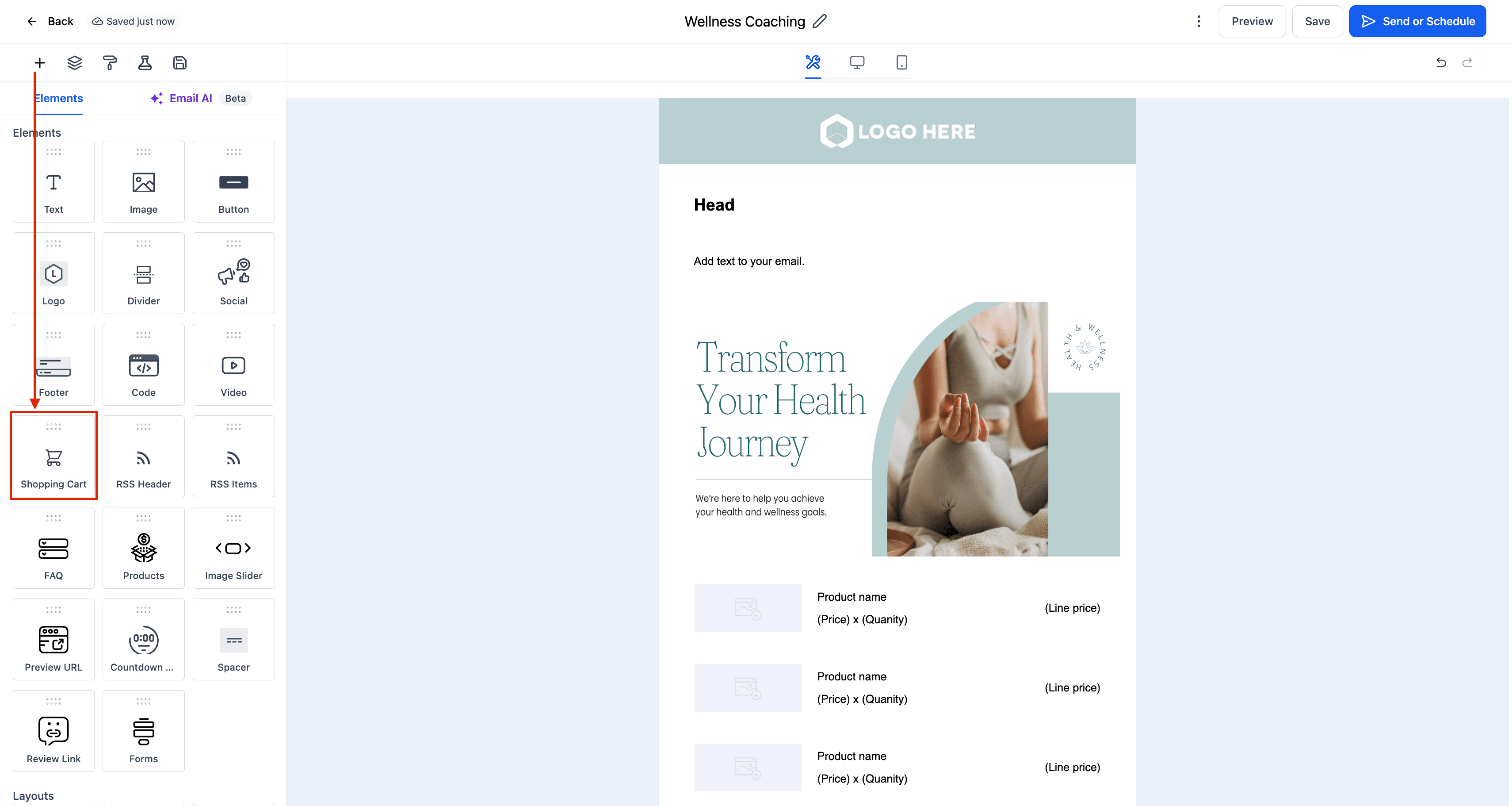 Schermata 3 — Elemento Carrello della Spesa nell'Email Builder