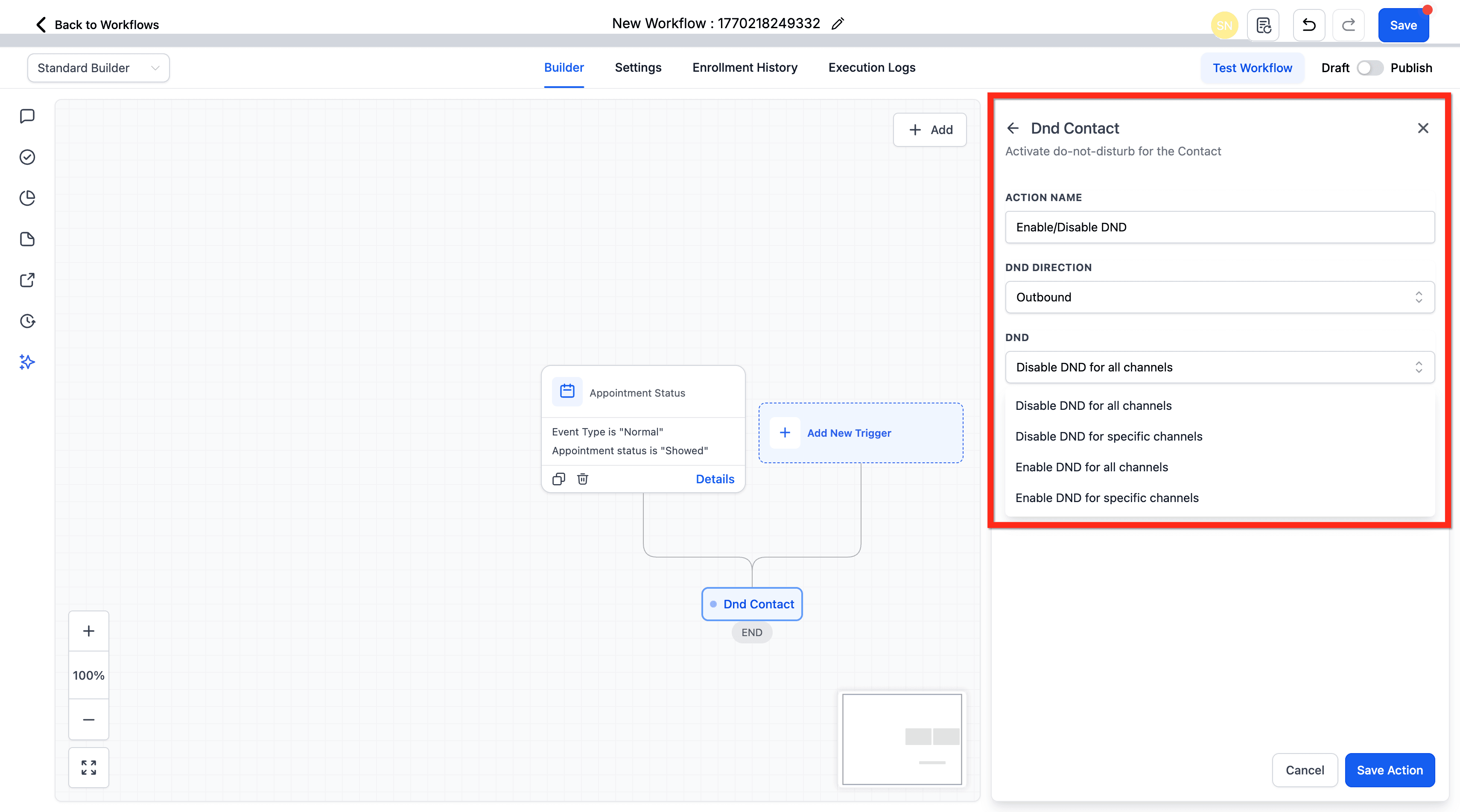 Schermata 1 — Azione Workflow - DND Contatto