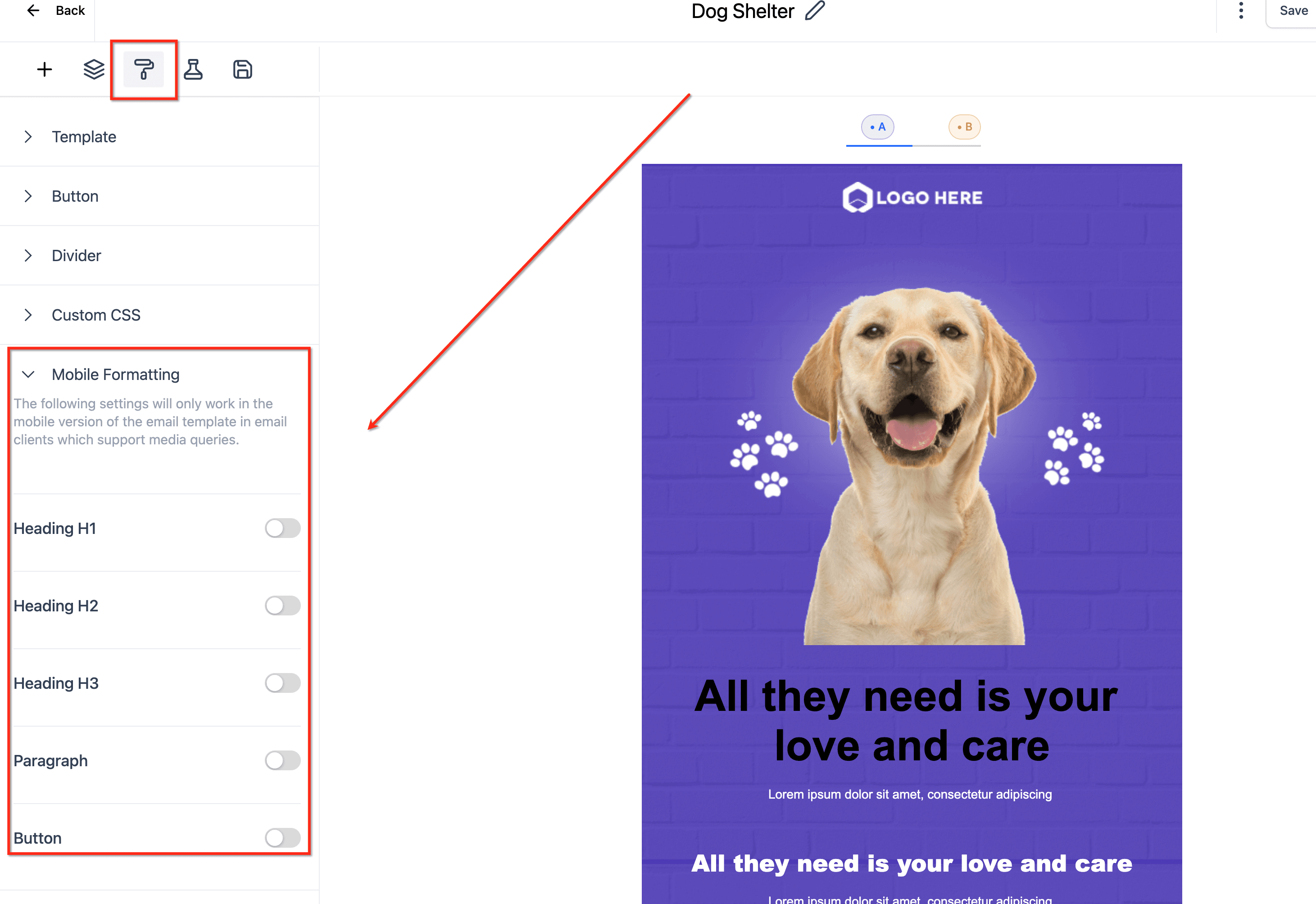 Schermata 2 — Come modificare il formato email per mobile nella scheda Appearance