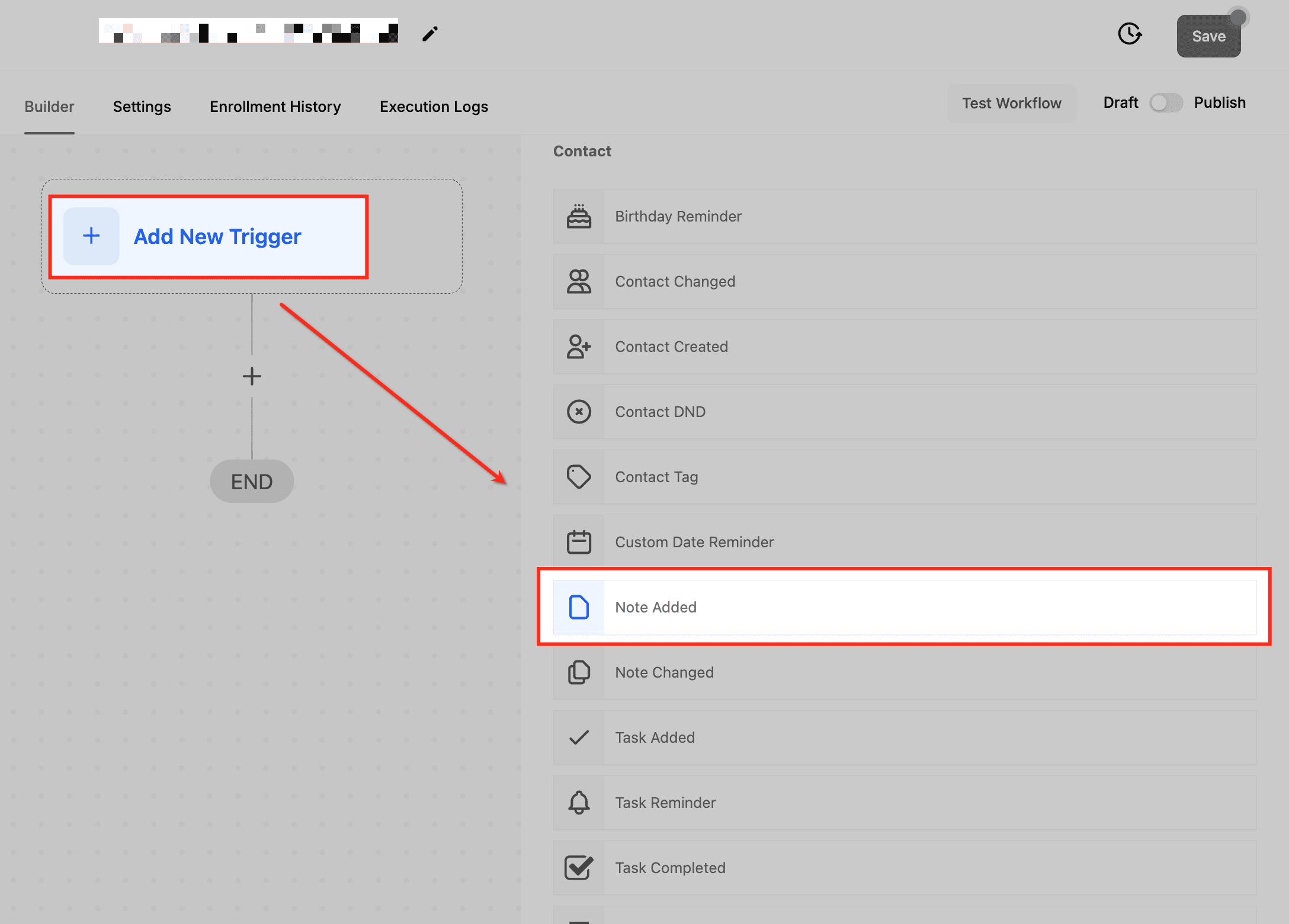 Schermata 1 — Workflow Trigger - Nota Aggiunta