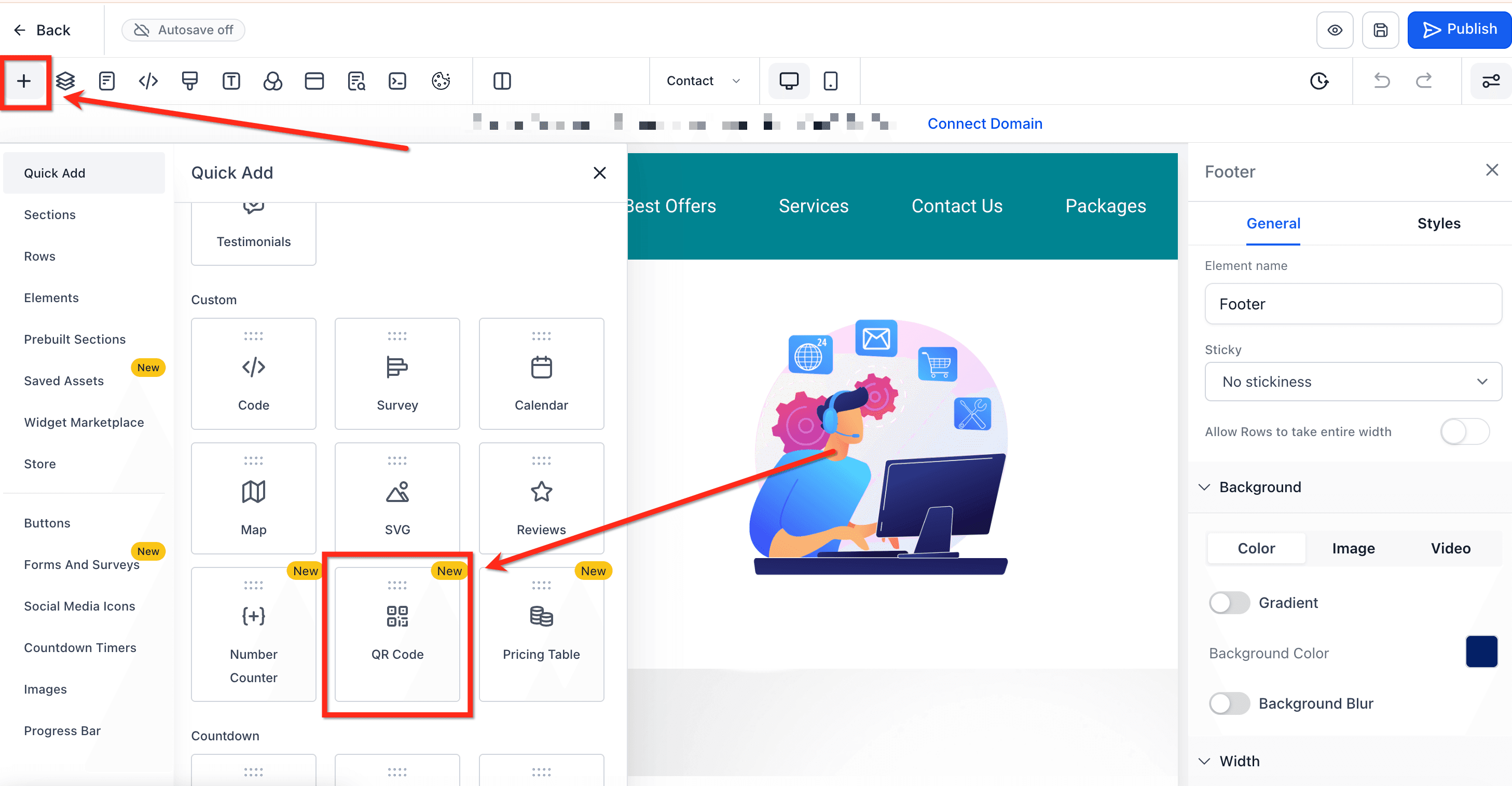 Schermata 2 — Elemento QR Code nel Page Builder