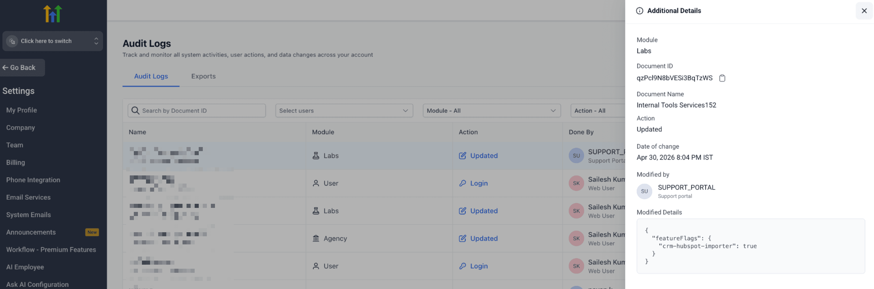 Schermata 7 — Esportazione dei Log di Audit