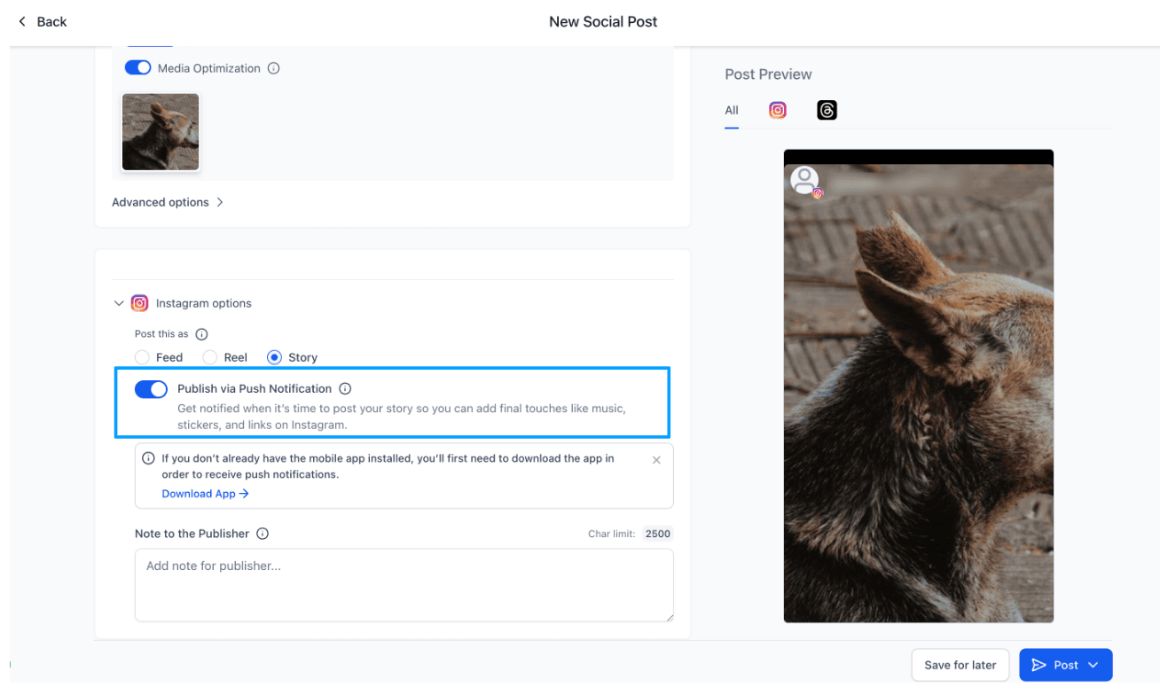 Schermata 2 — Come pianificare e pubblicare le Instagram Stories tramite notifiche push