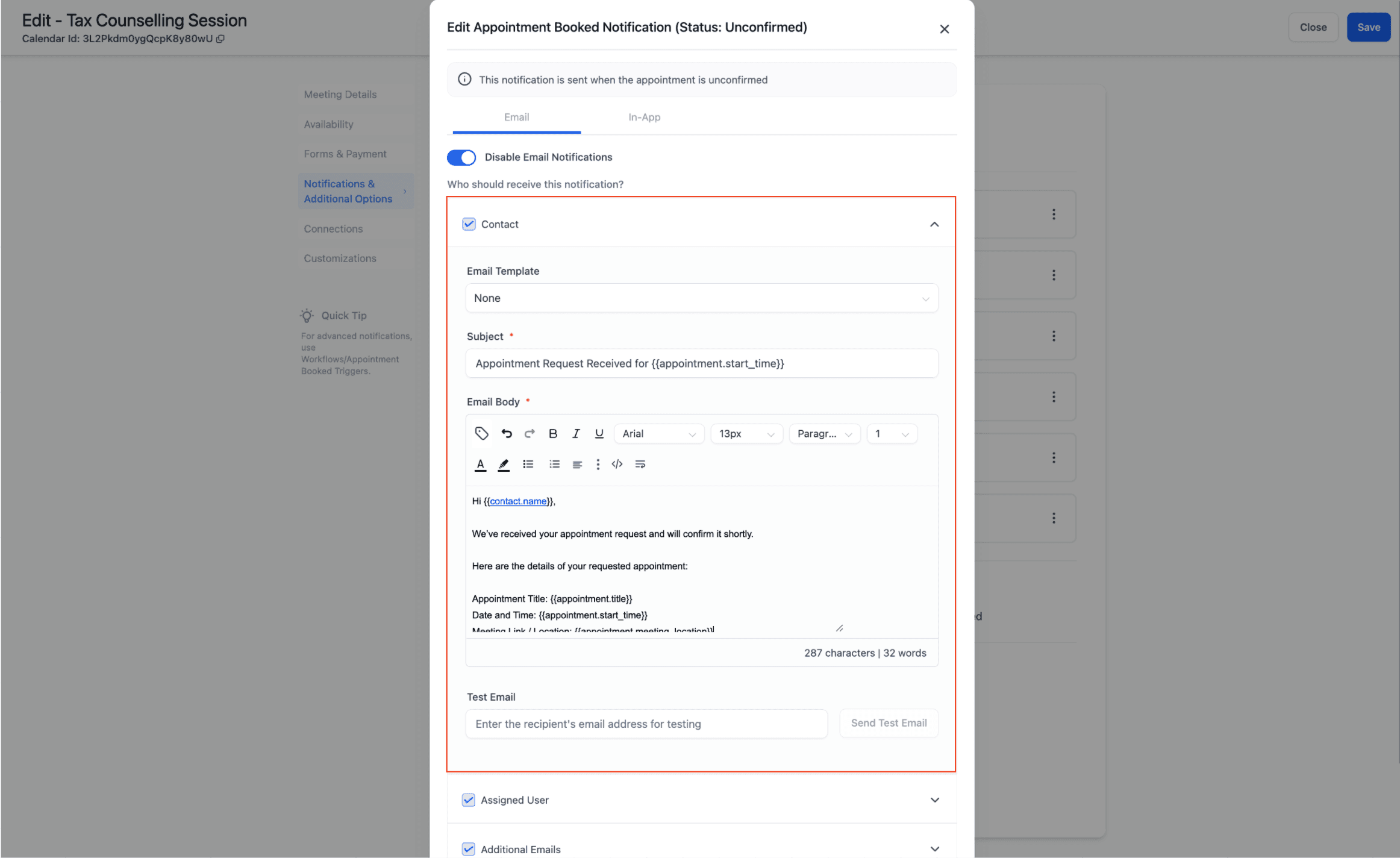 Schermata 6 — Calendario: Notifiche Appuntamenti via Email, In-App, SMS e WhatsApp