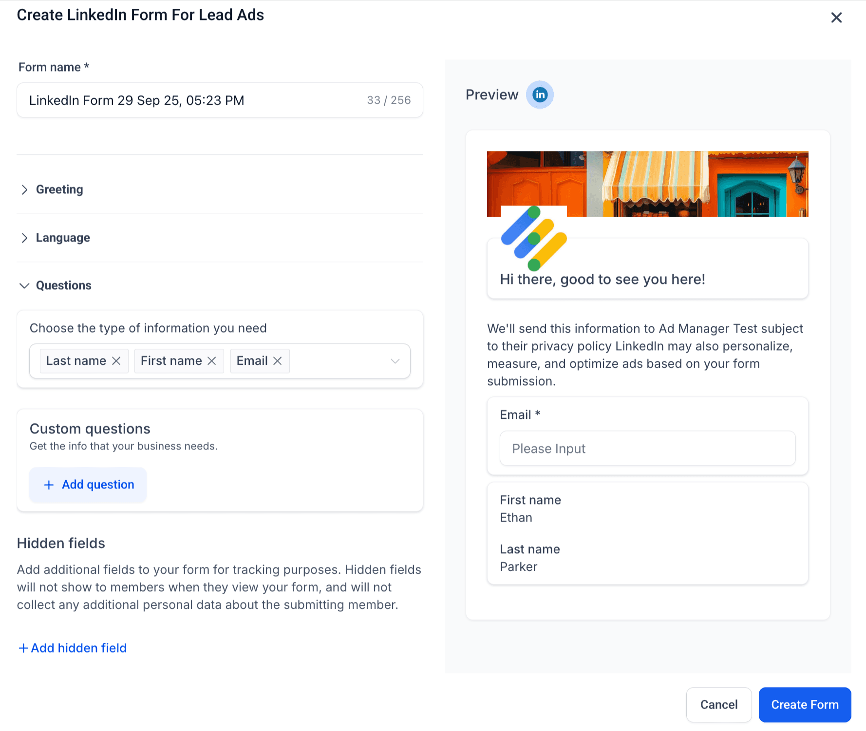 Schermata 6 — Come creare un LinkedIn lead form in Ad Manager