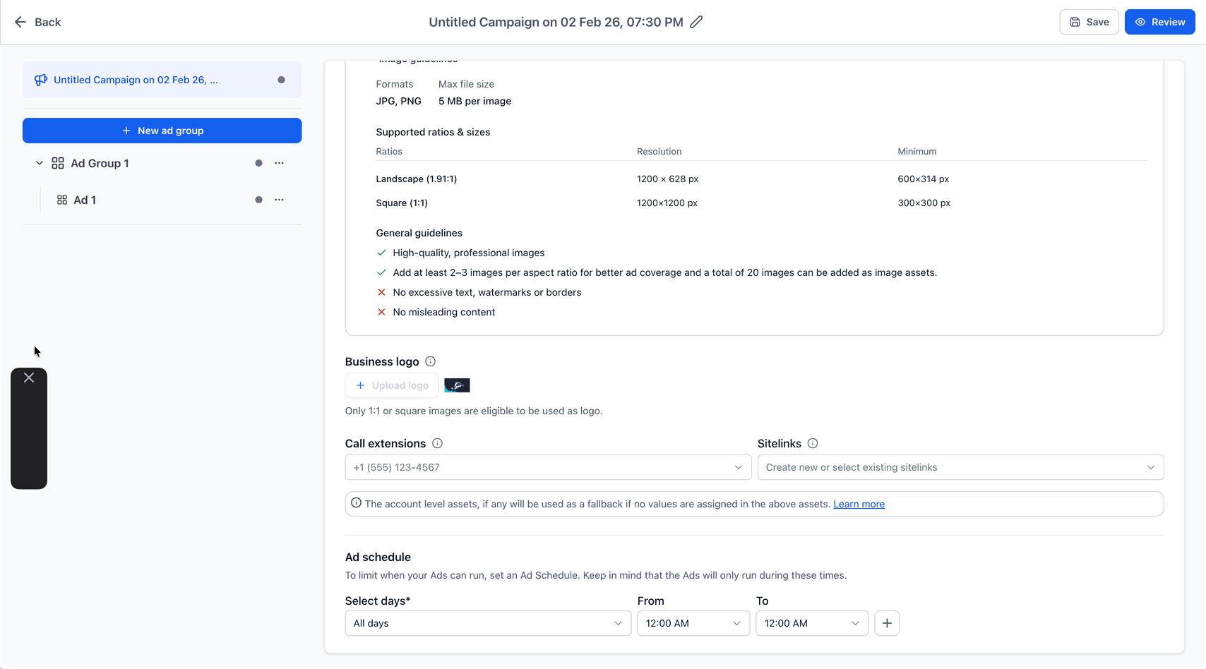 Schermata 7 — Ad Manager - Configura gli Asset Aggiuntivi di Google Ads a Livello di Campaign