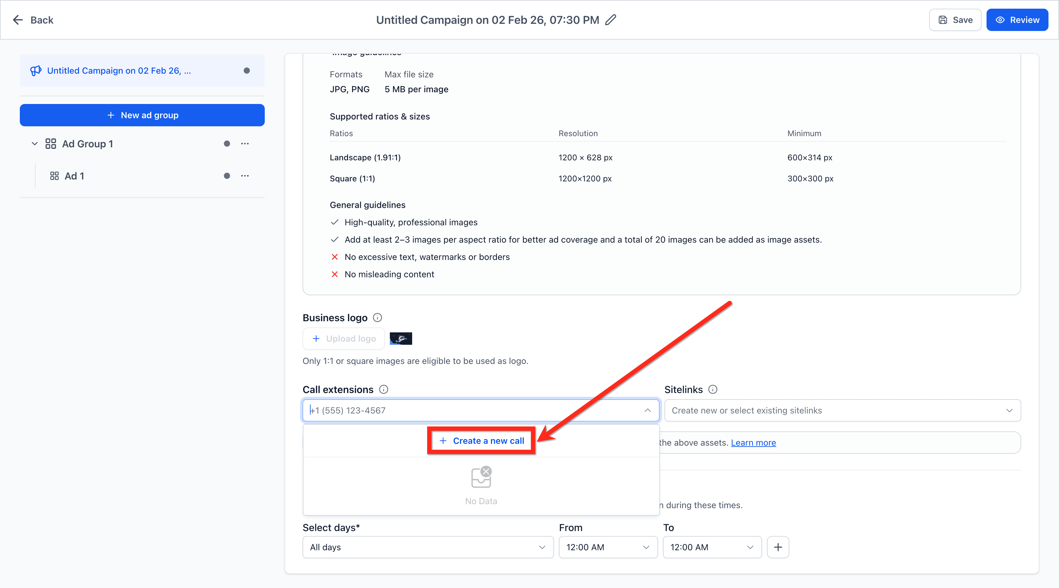 Schermata 4 — Ad Manager - Configura gli Asset Aggiuntivi di Google Ads a Livello di Campaign