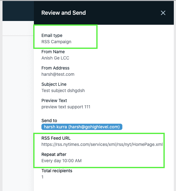 Schermata 9 — Blocchi RSS nell'Email Builder