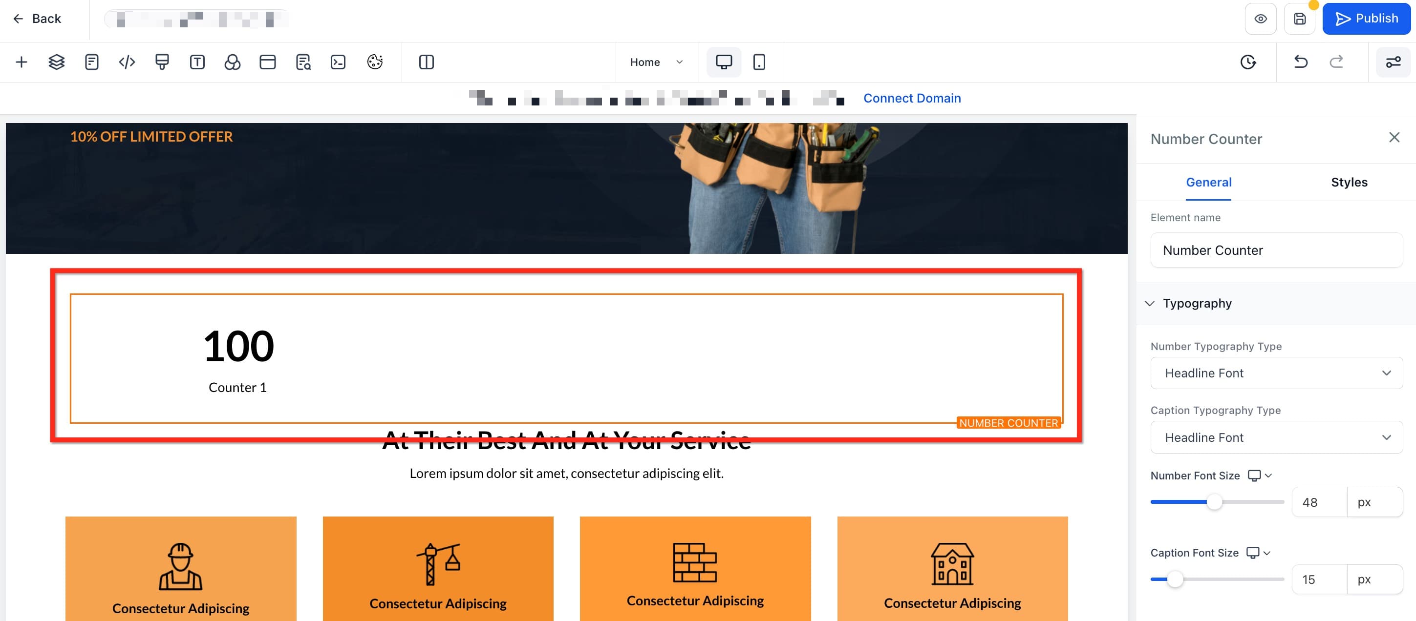 Schermata 5 — Funnel e Siti Web: Widget Contatore Numerico