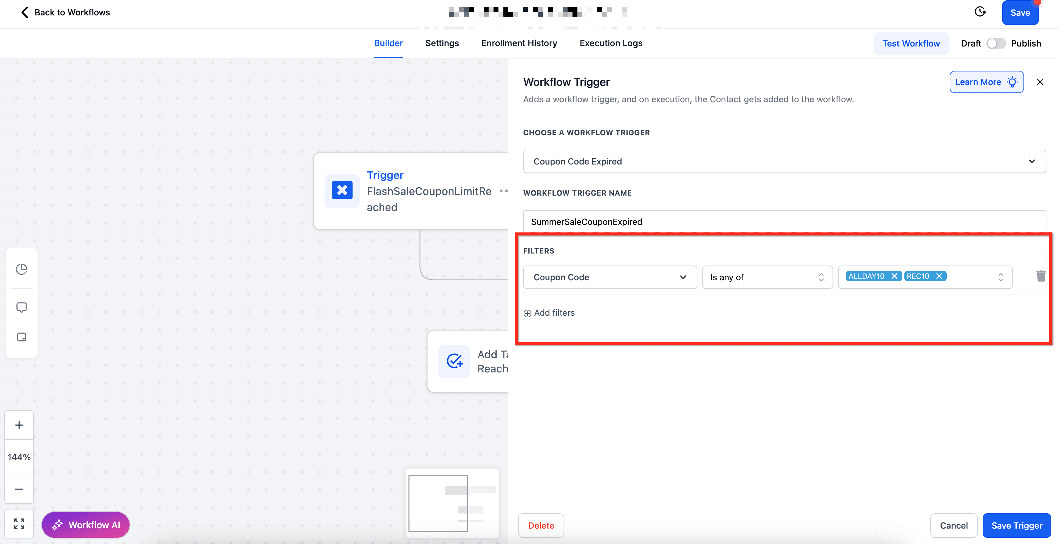 Schermata 4 — Workflow Trigger - Coupon Code Expired