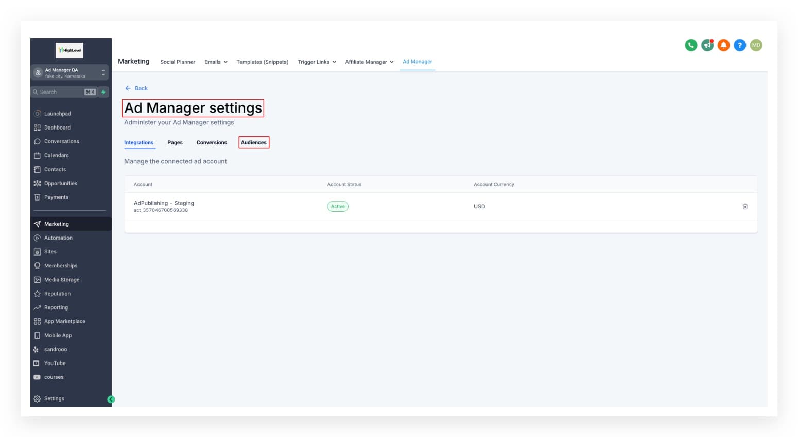 Schermata 2 — Panoramica della scheda Audience - Impostazioni Ad Manager