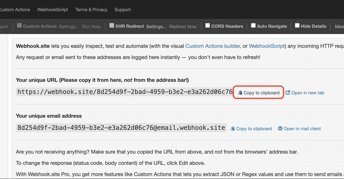 Clicca su "Copy to clipboard" accanto al tuo Webhook di test univoco nella homepage