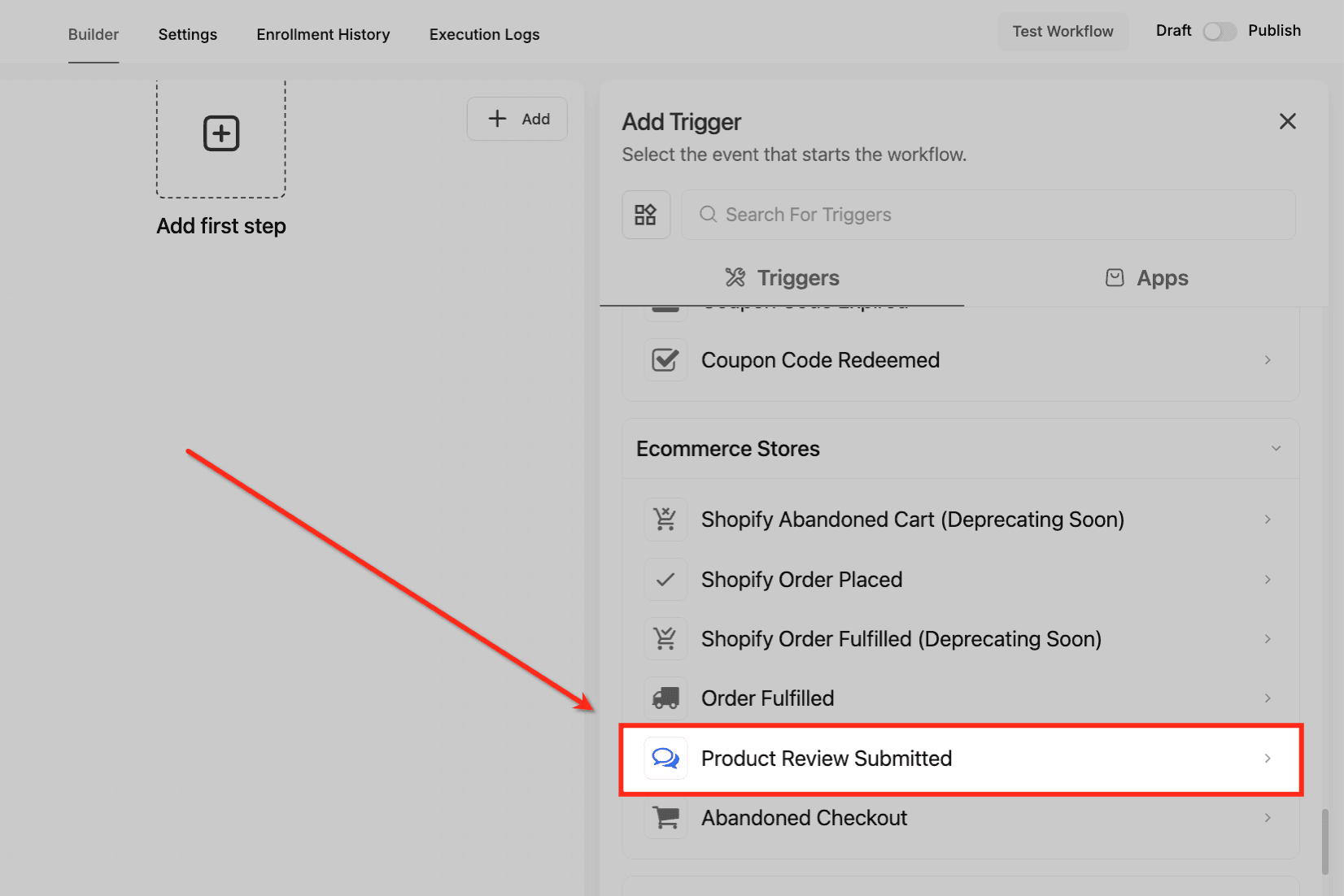 Schermata 3 — Workflow Trigger - Recensione Prodotto Inviata (per Store E-commerce)