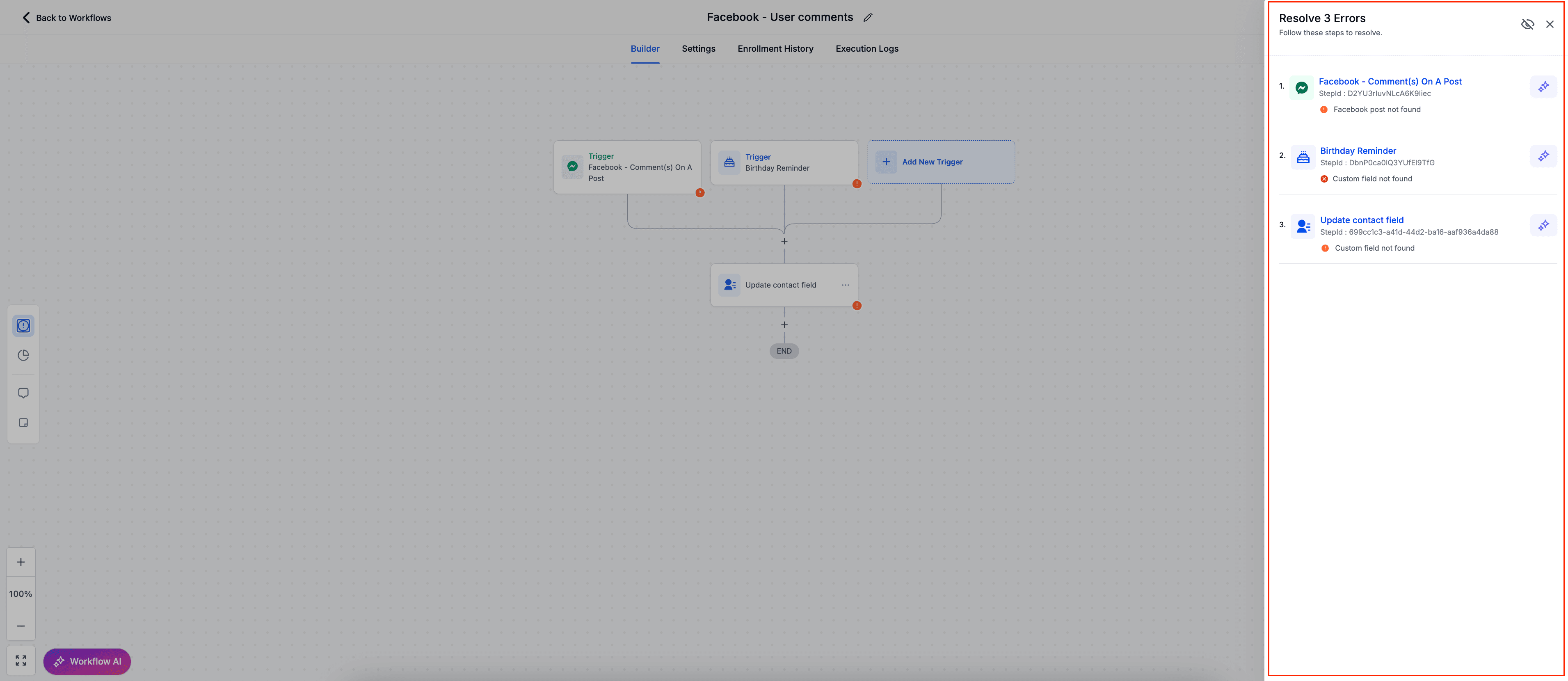 Schermata 3 — Evidenziazione e risoluzione degli errori in un Workflow