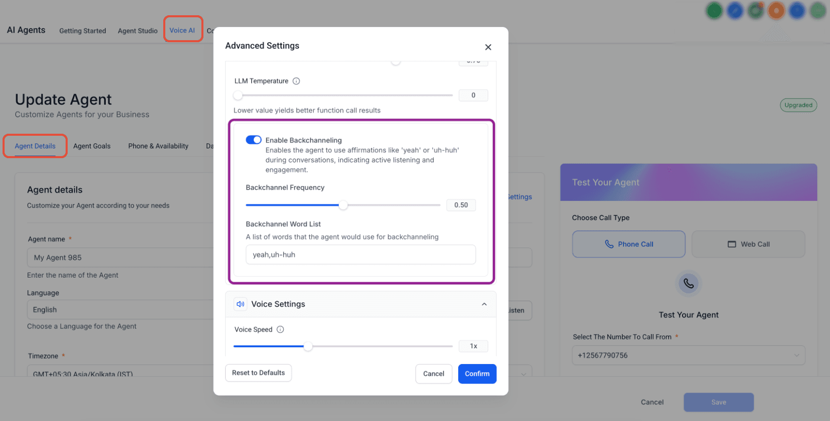 Schermata 6 — Voice AI: Riduzione del Rumore e Backchanneling