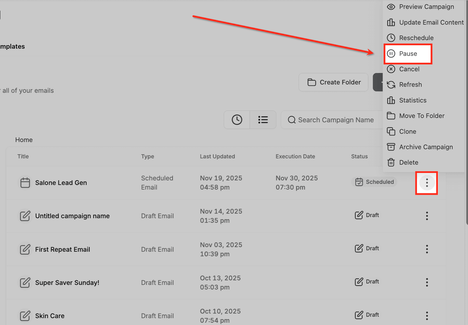 Schermata 4 — Come mettere in pausa o annullare una Campaign email pianificata