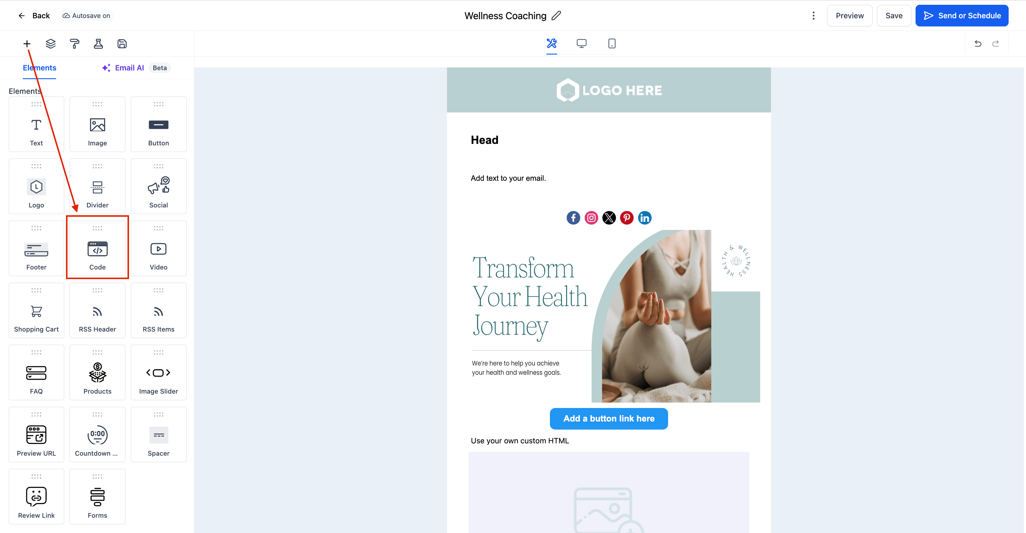 Schermata 3 — Elemento Codice nell'Email Builder