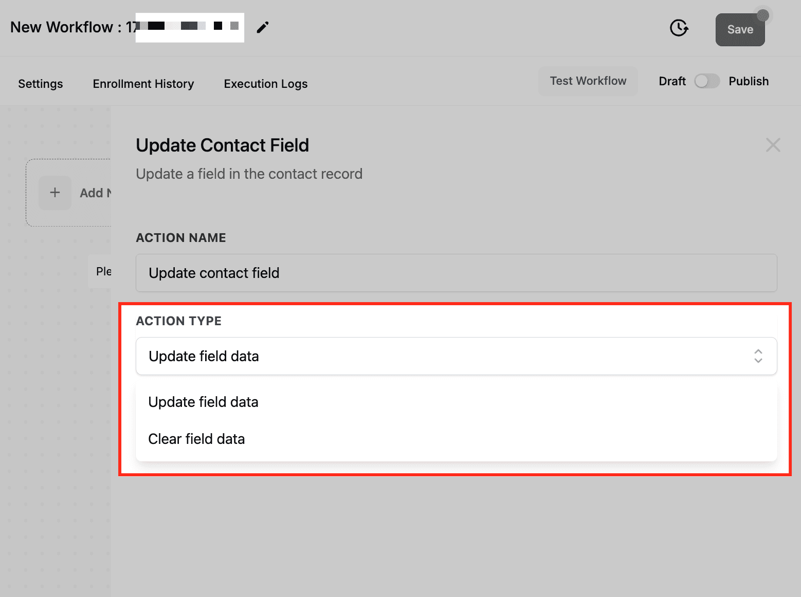 Schermata 5 — Azione Workflow - Aggiorna Campo Contatto