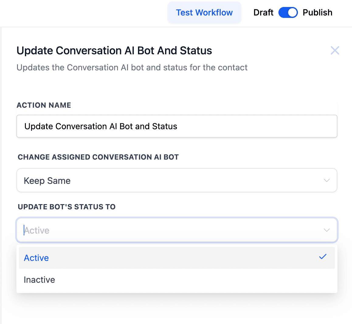 Schermata 2 — Azione Workflow - Aggiorna Bot e Stato della Conversazione AI