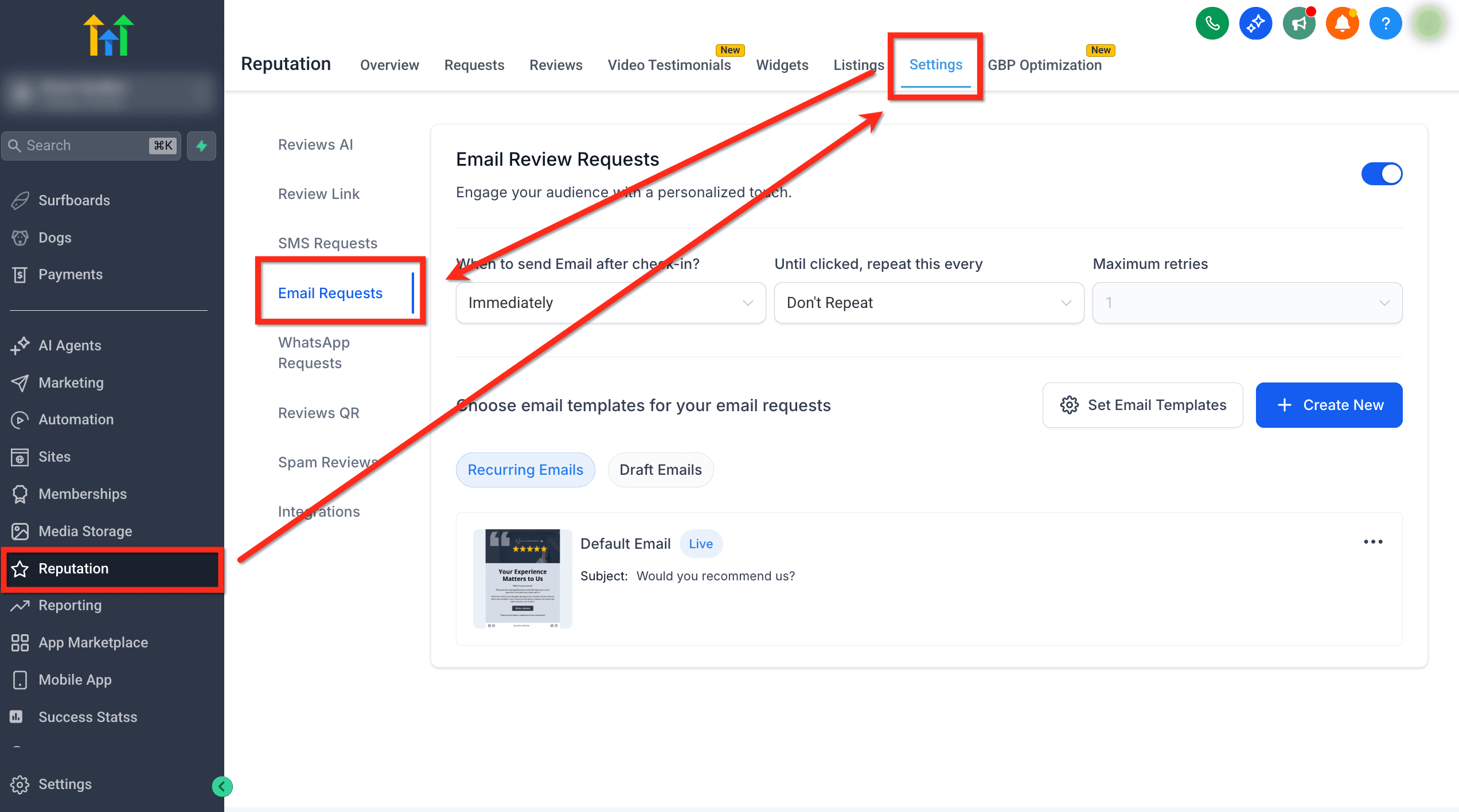 Schermata 4 — Come personalizzare i messaggi di richiesta recensione (SMS/Email)