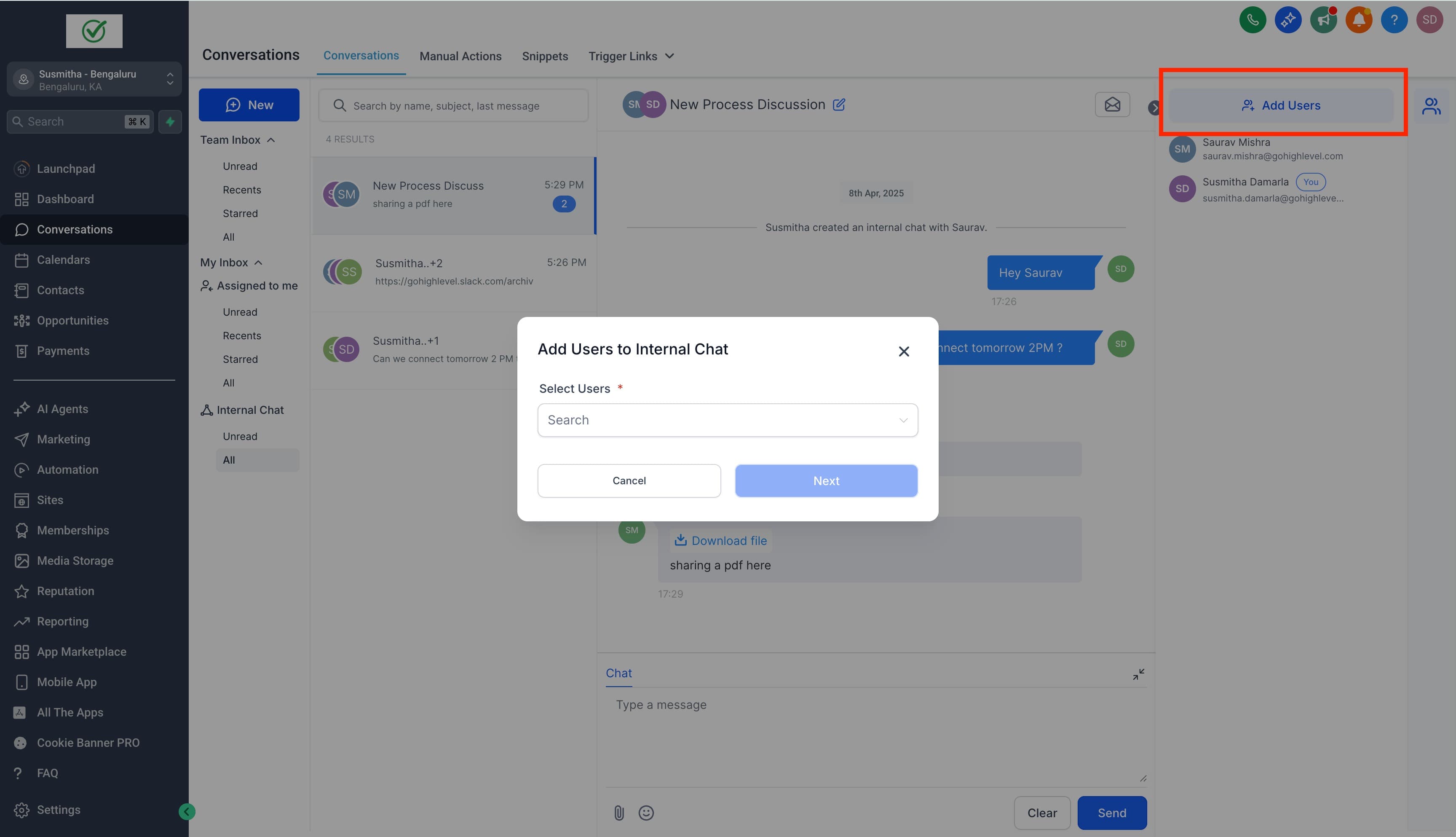 Schermata 5 — Internal Chat: Comunicazione Privata del Team