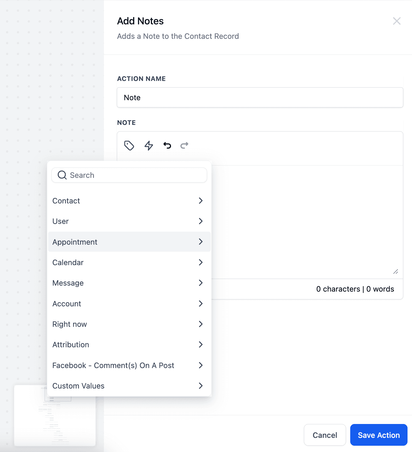 Schermata 2 — Azione Workflow - Aggiungi alle Note