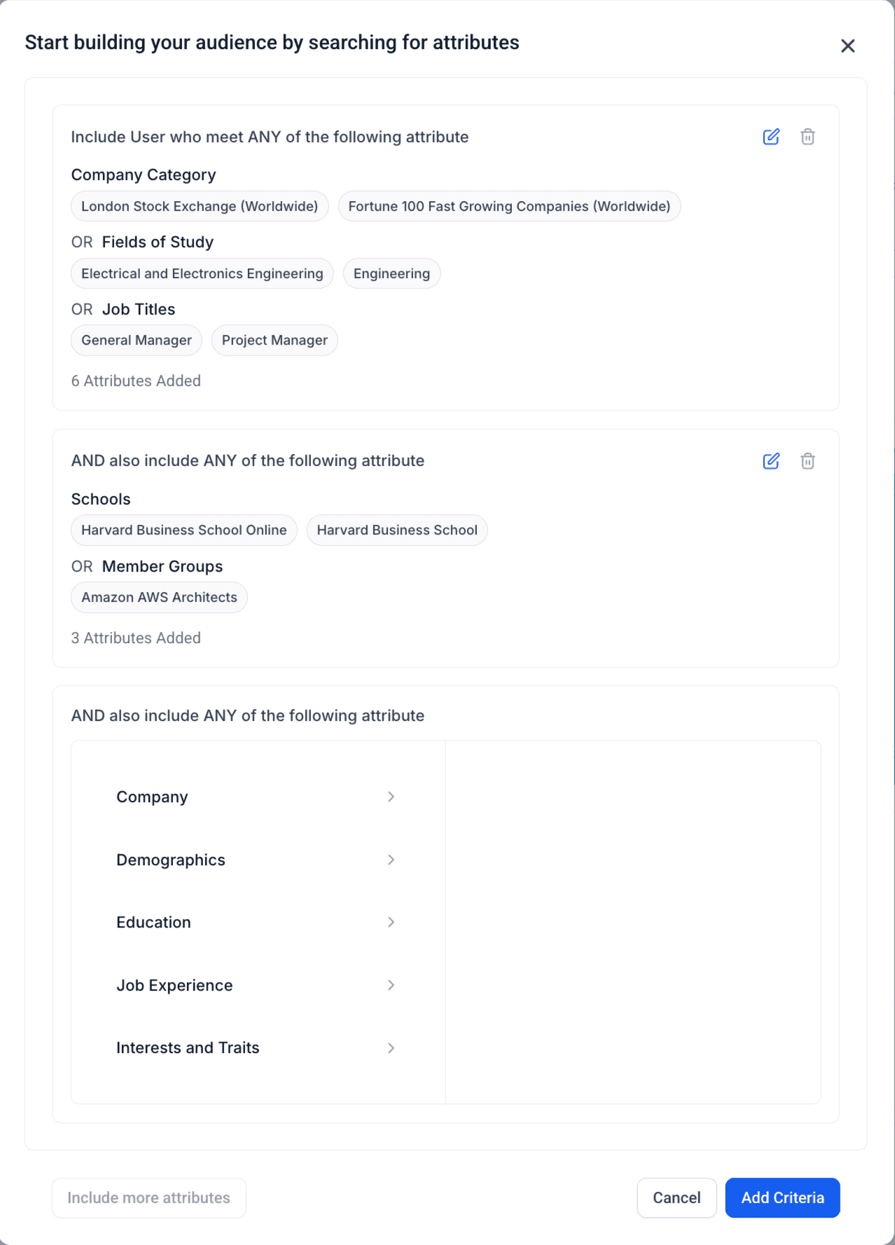 Schermata 3 — Targeting del pubblico per le campagne LinkedIn in Ad Manager