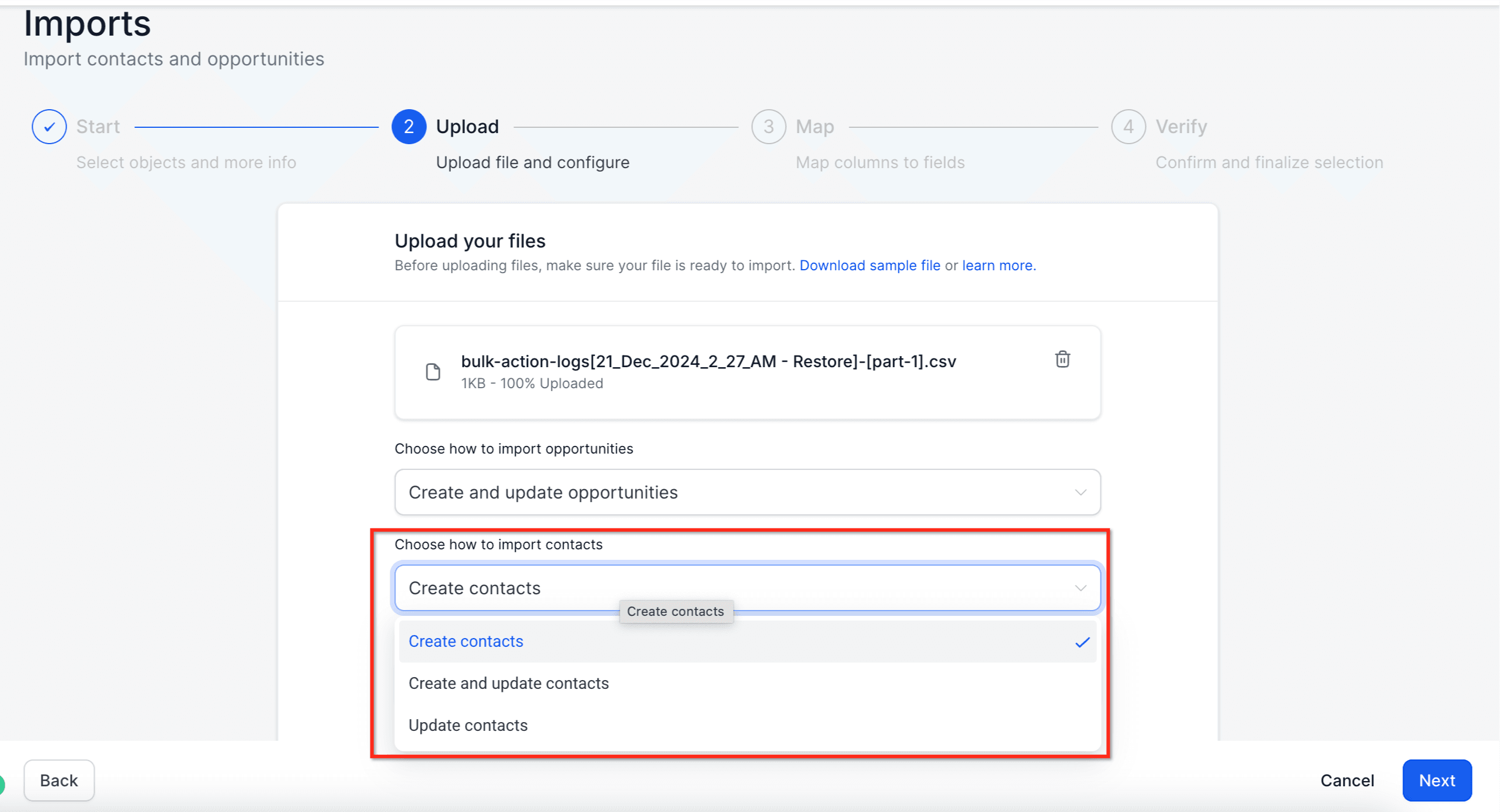 Schermata 5 — Importazione di Contatti e Opportunità tramite CSV