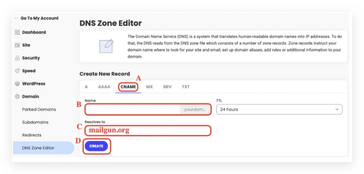 Modulo record CNAME nel DNS Zone Editor di Siteground