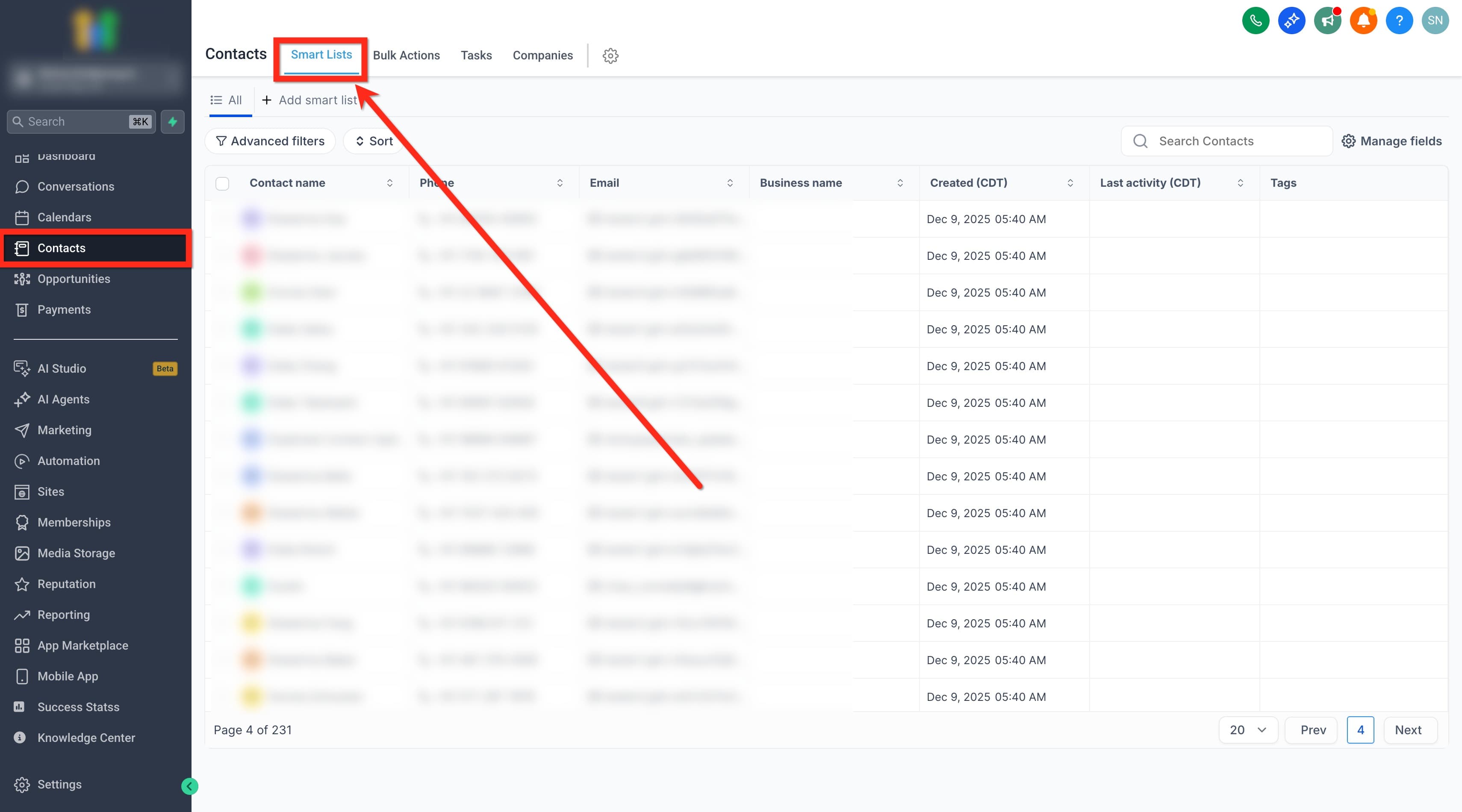 Schermata 1 — Come aggiungere Contatti in blocco a un Workflow