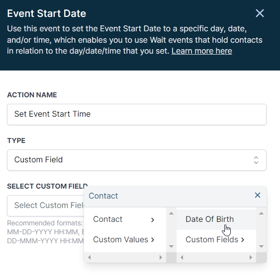Schermata 3 — Azione Workflow - Imposta Data di Inizio Evento