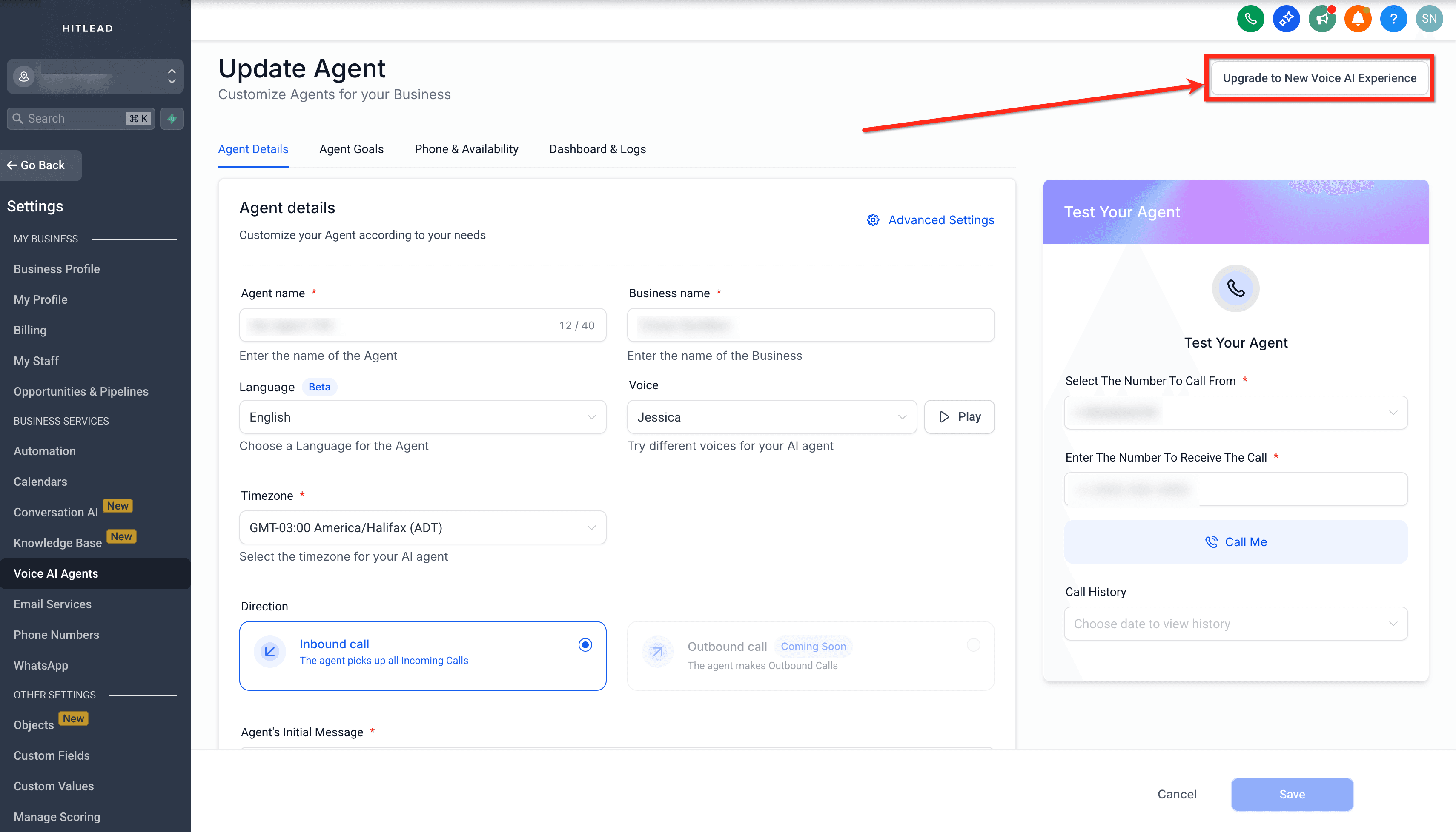 Schermata 3 — Come aggiornare un agente Voice AI alla nuova esperienza Voice AI