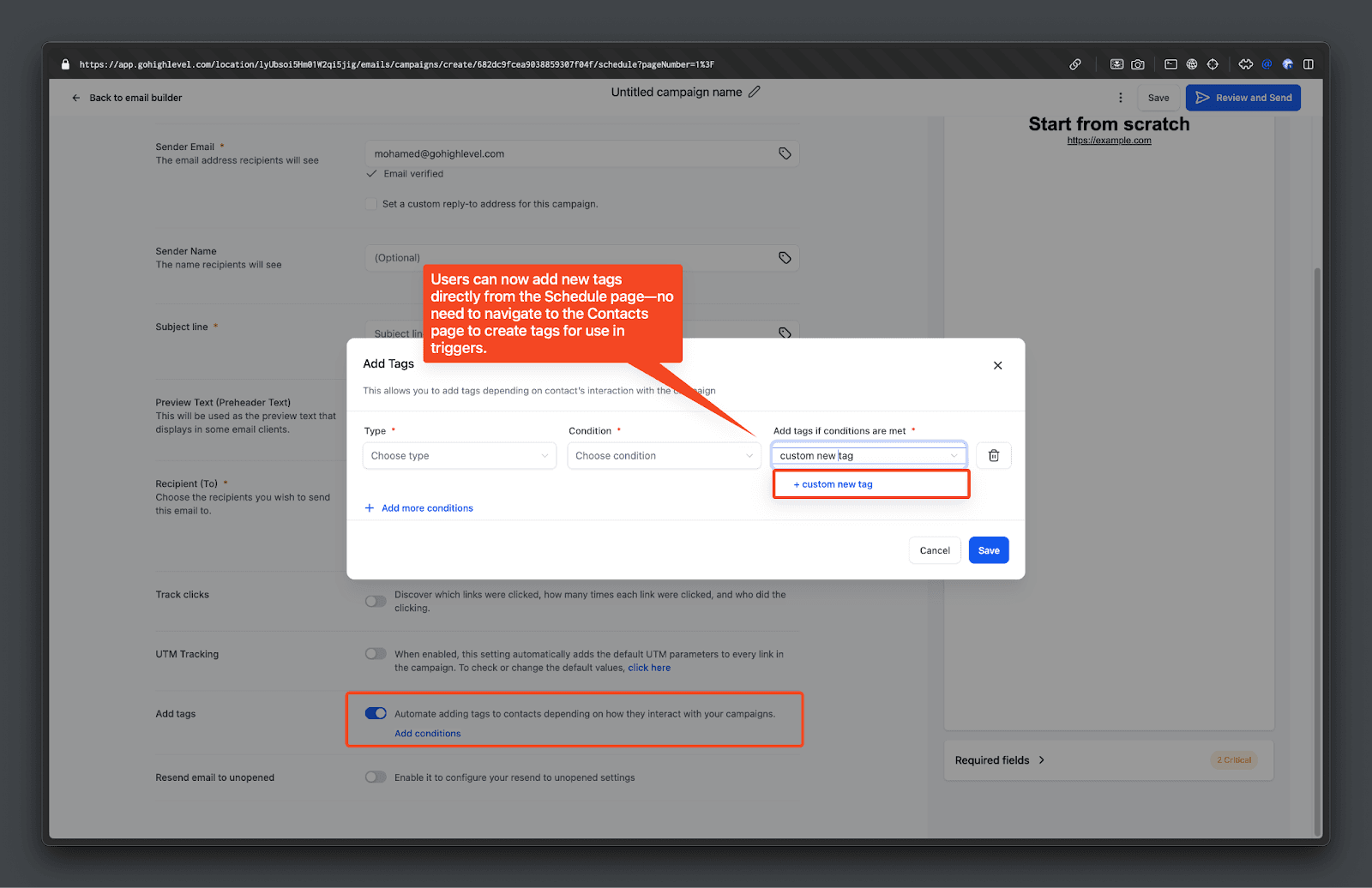 Schermata 1 — Email Builder: Crea Nuovi Tag nella Pagina di Invio o Pianificazione
