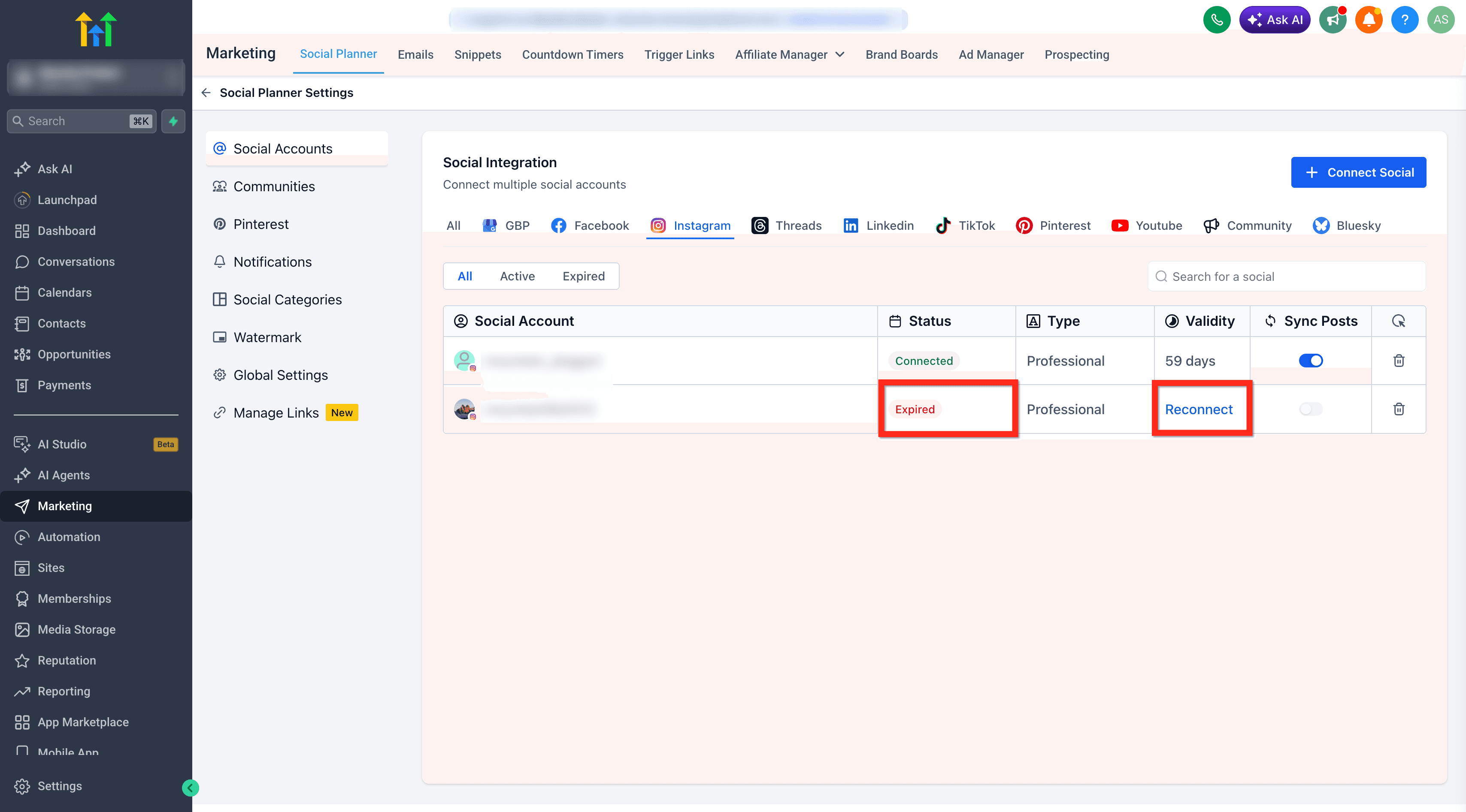Schermata 7 — Social Planner - Sincronizzazione Post Instagram