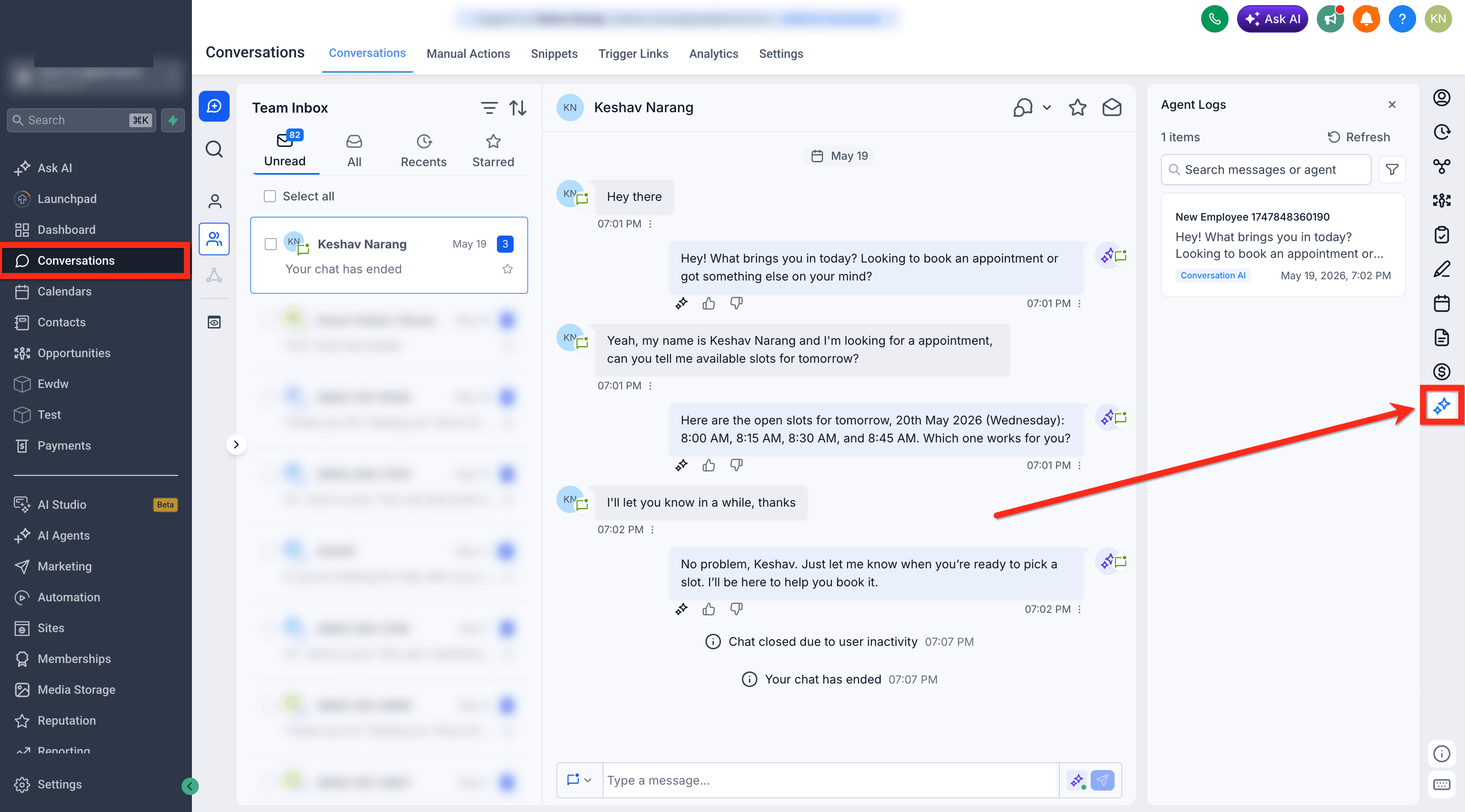 Schermata 6 — Conversation AI - Agent Logs