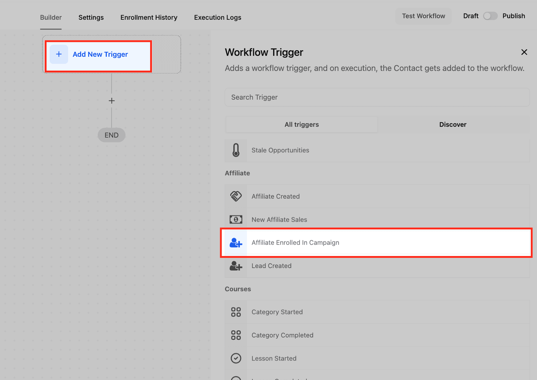 Schermata 2 — Workflow Trigger - Iscrizione Affiliato a Campaign