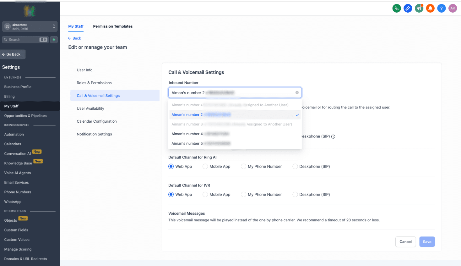 Schermata 3 — Da quale numero Twilio i lead riceveranno gli SMS?