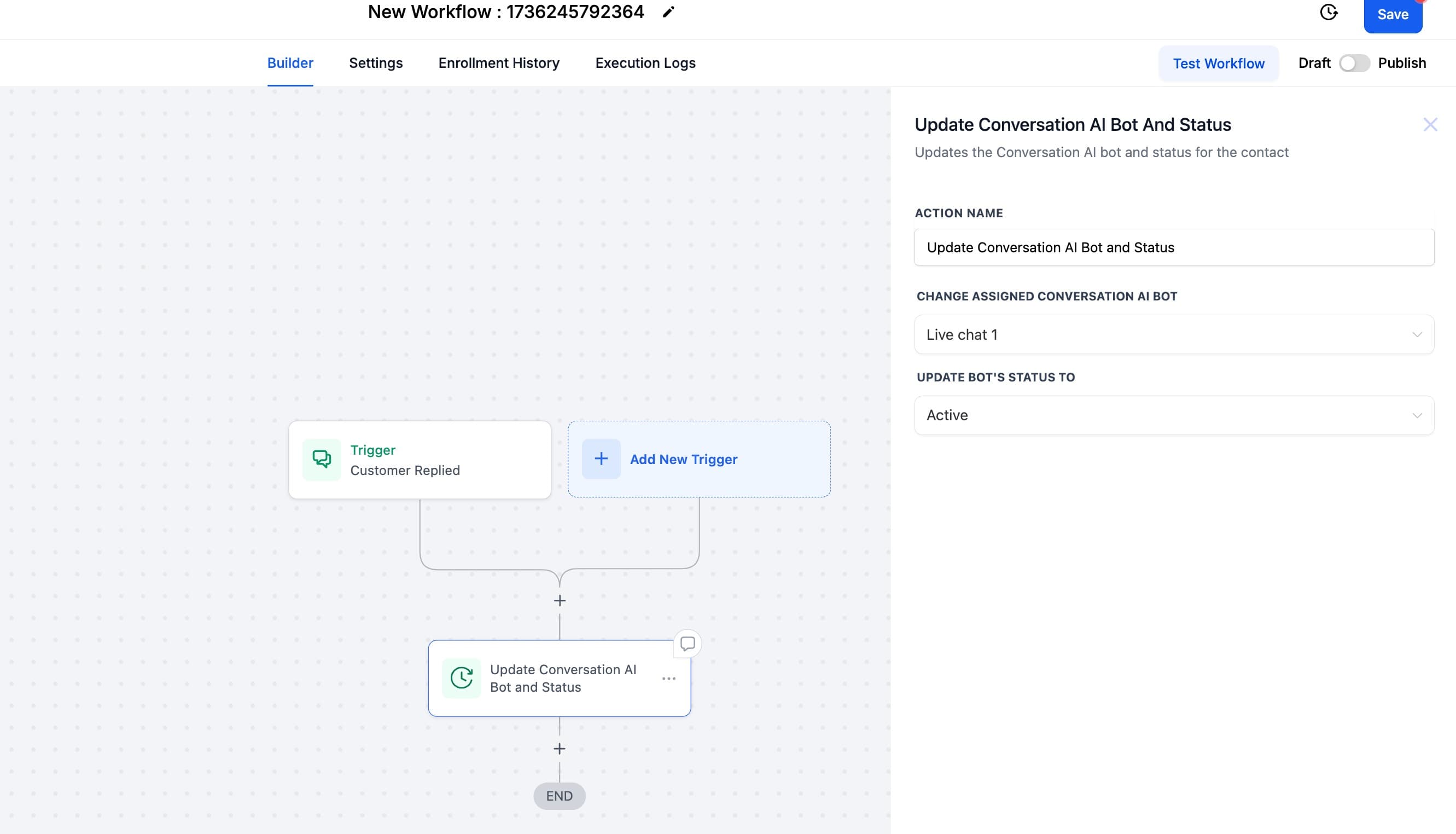 Schermata 6 — Azione Workflow - Aggiorna Bot e Stato della Conversazione AI