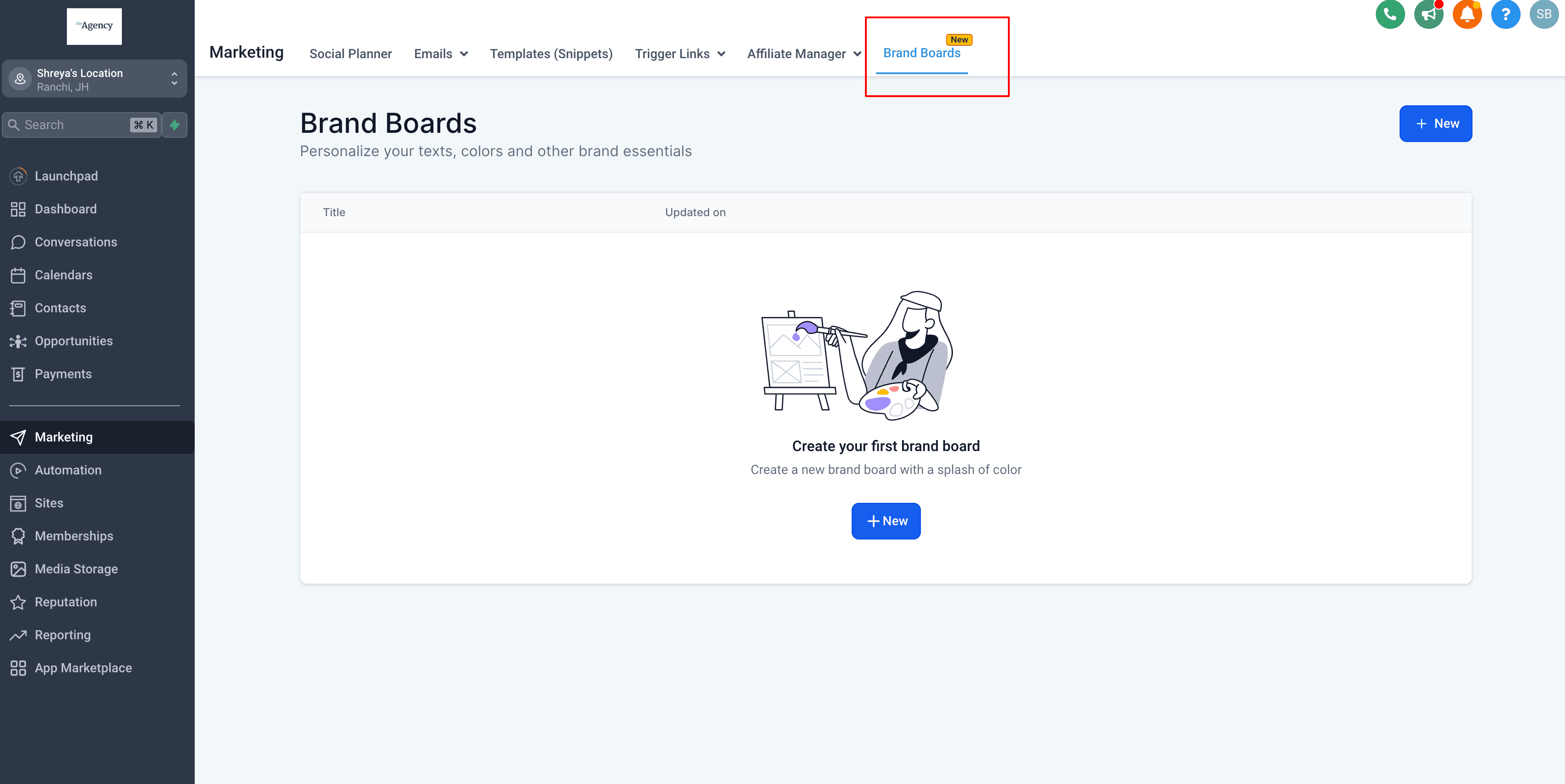 Schermata 2 — Come cambiare il Brand Board predefinito