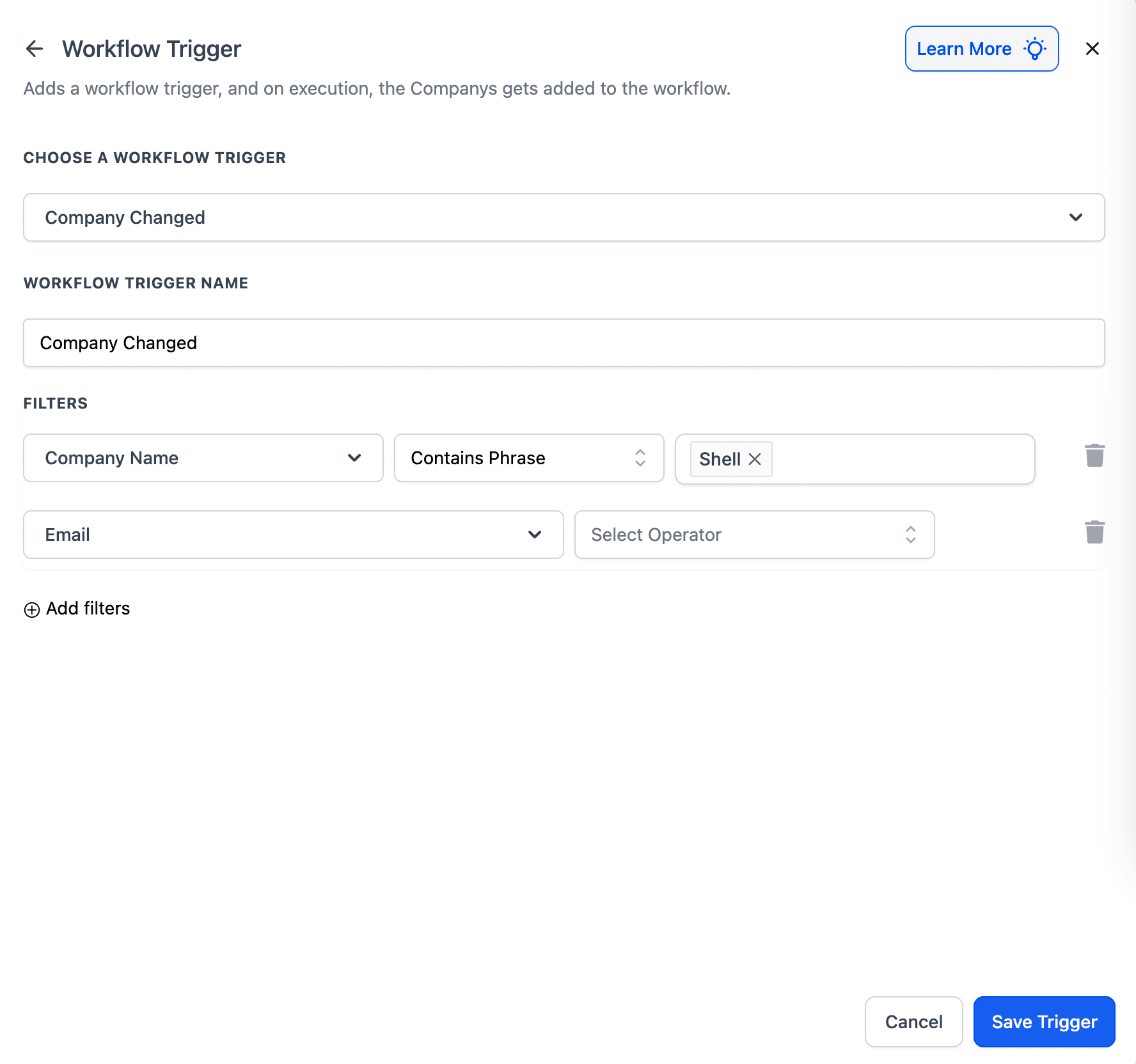 Schermata 1 — Workflow Trigger - Company Changed