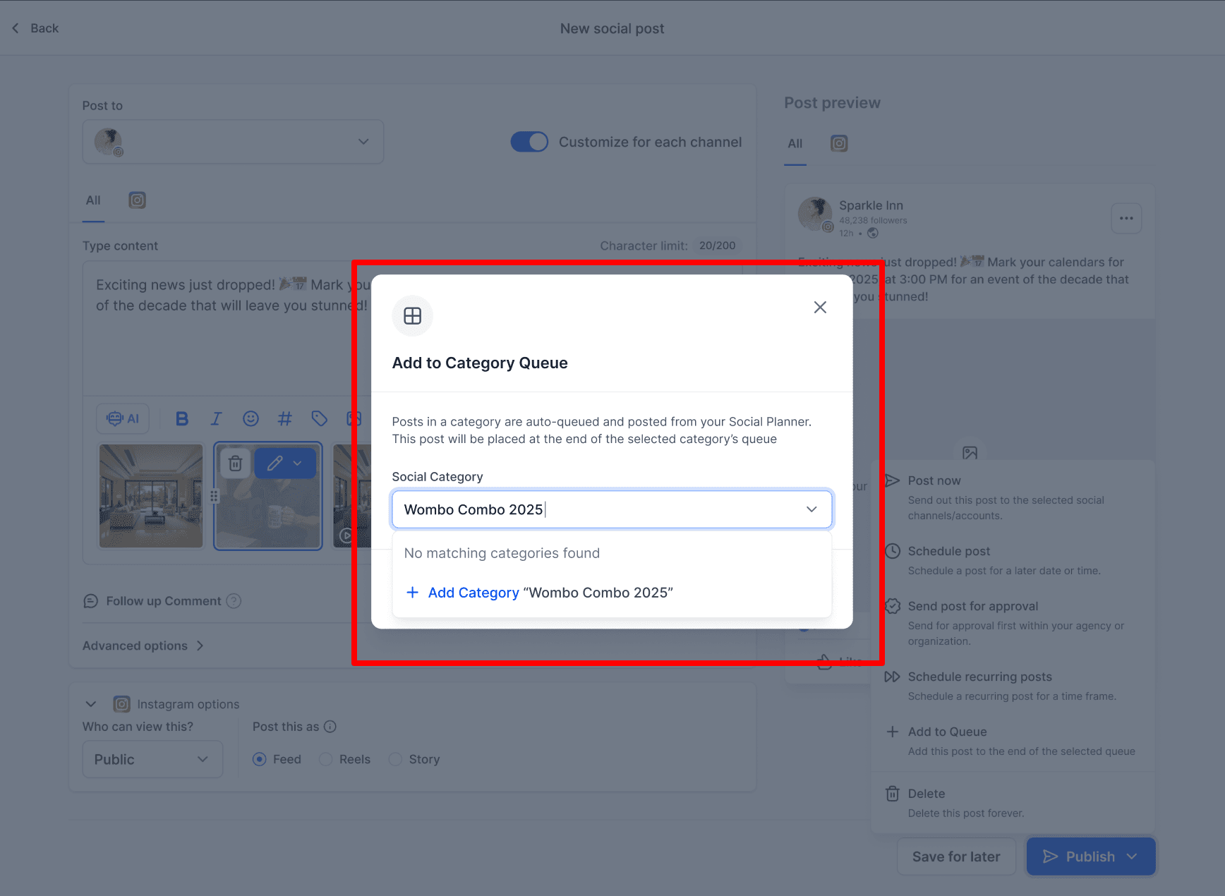 Crea una nuova categoria social durante la configurazione della coda