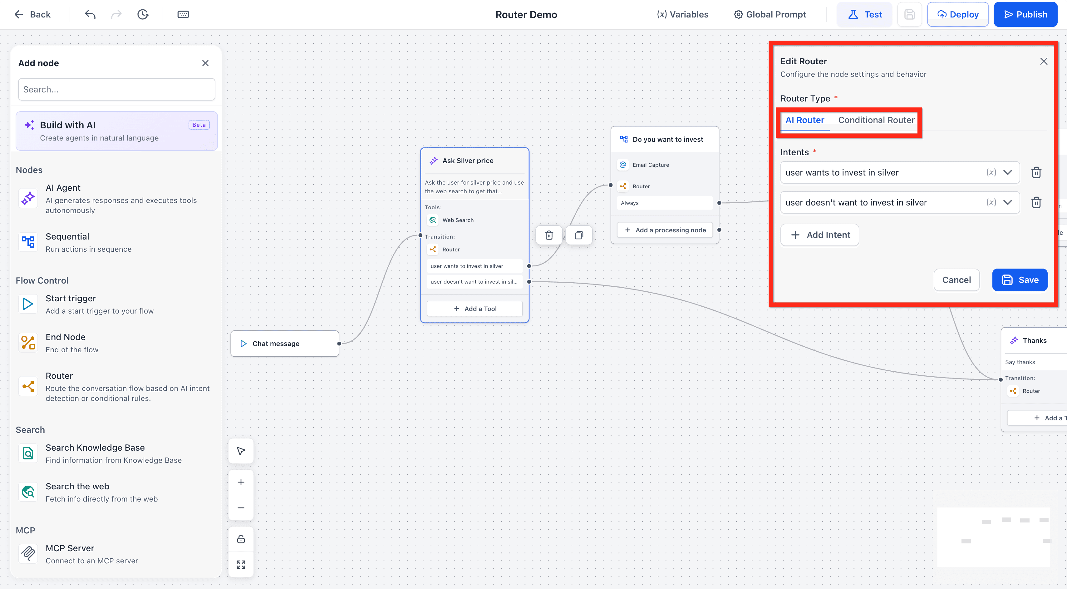 Schermata 9 — Agent Studio - Router Tool (AI Router e Conditional Router)