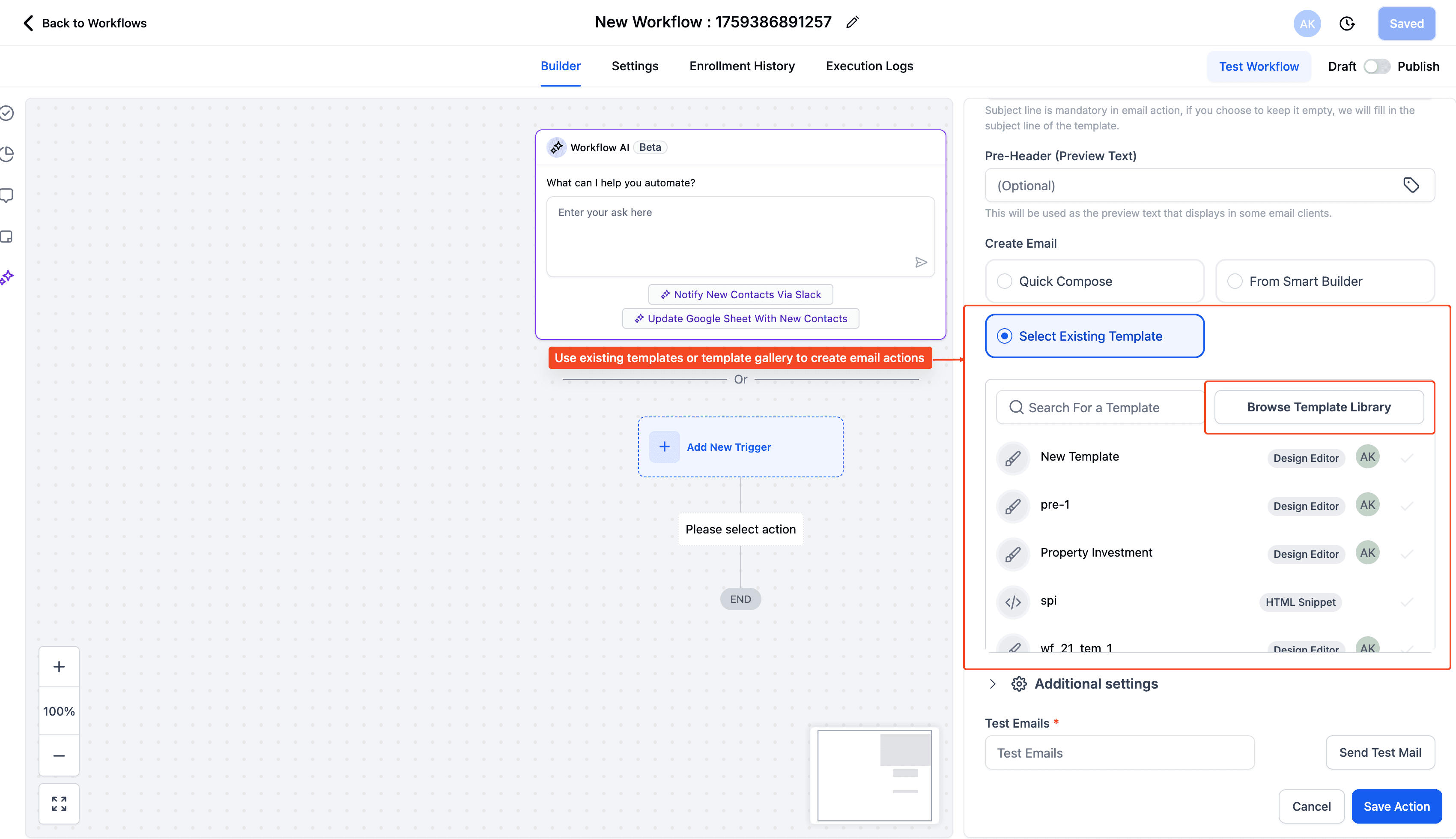 Schermata 3 — Nuova UI per le Azioni Email nei Workflow