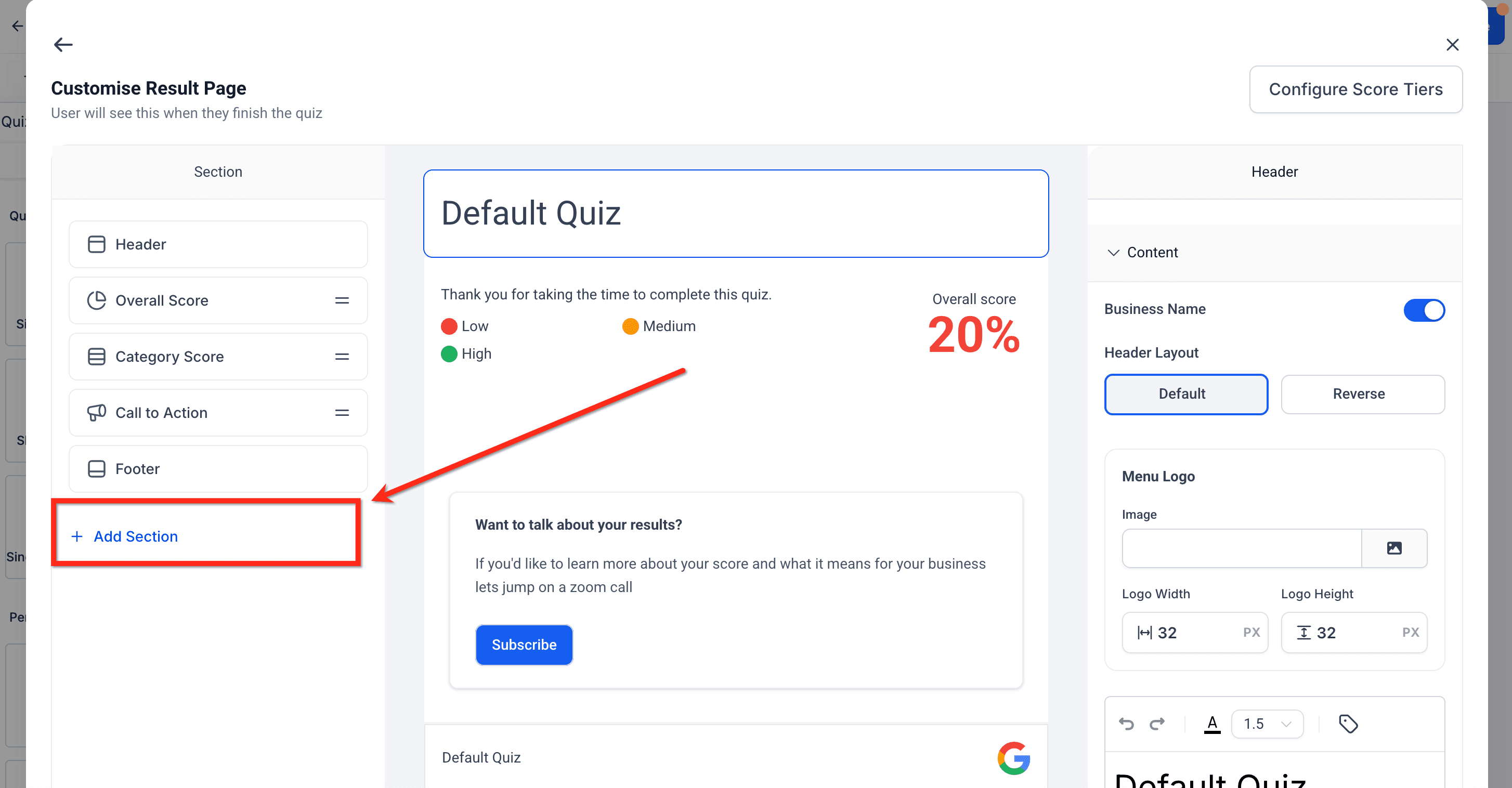Schermata 5 — Configurare Quiz in Stile Personalità (Categoria Più Alta/Più Bassa)