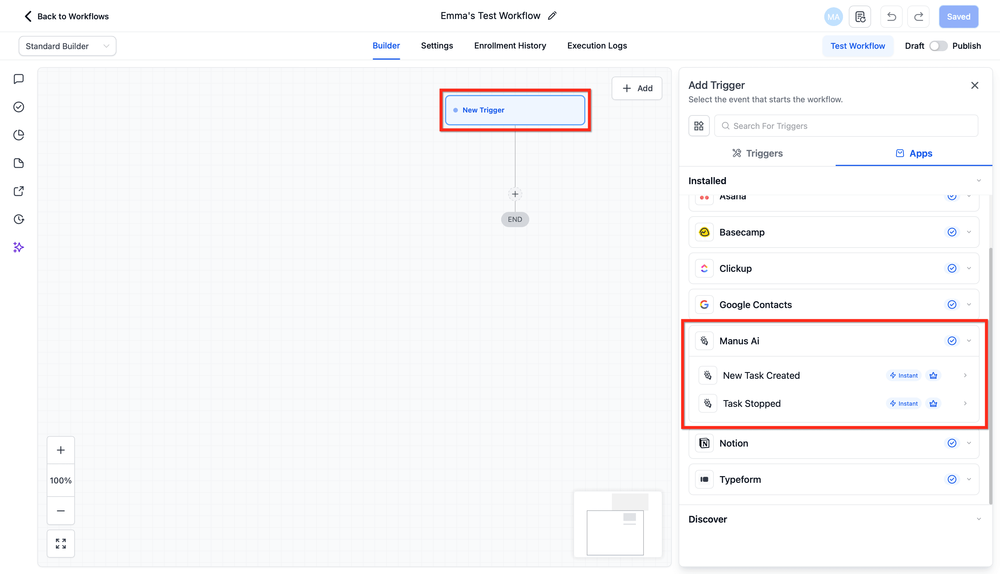 Schermata 3 — Manus - Azioni e Trigger nei Workflow