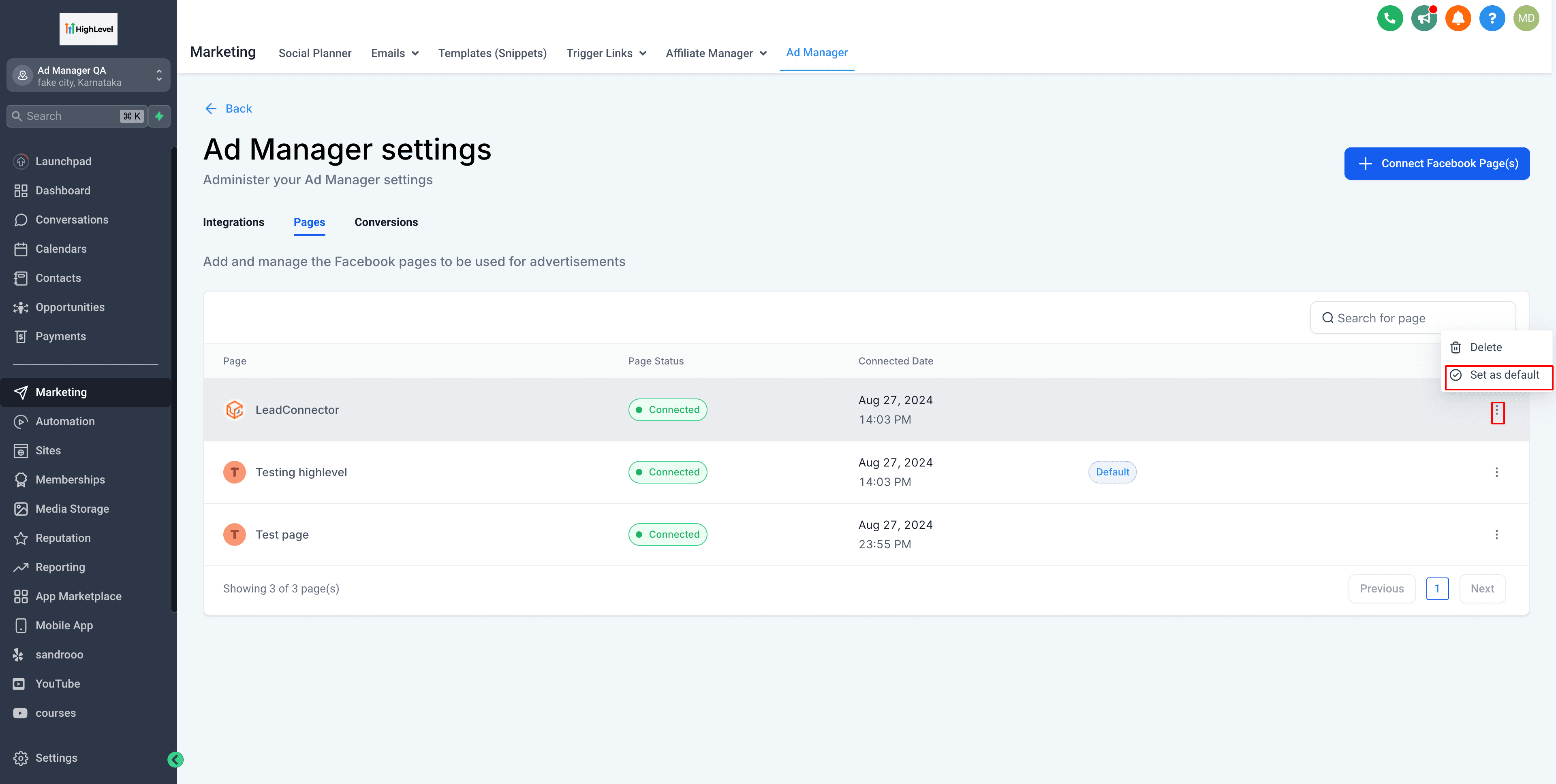 Schermata 3 — Impostare una pagina Facebook come predefinita per Ad Manager